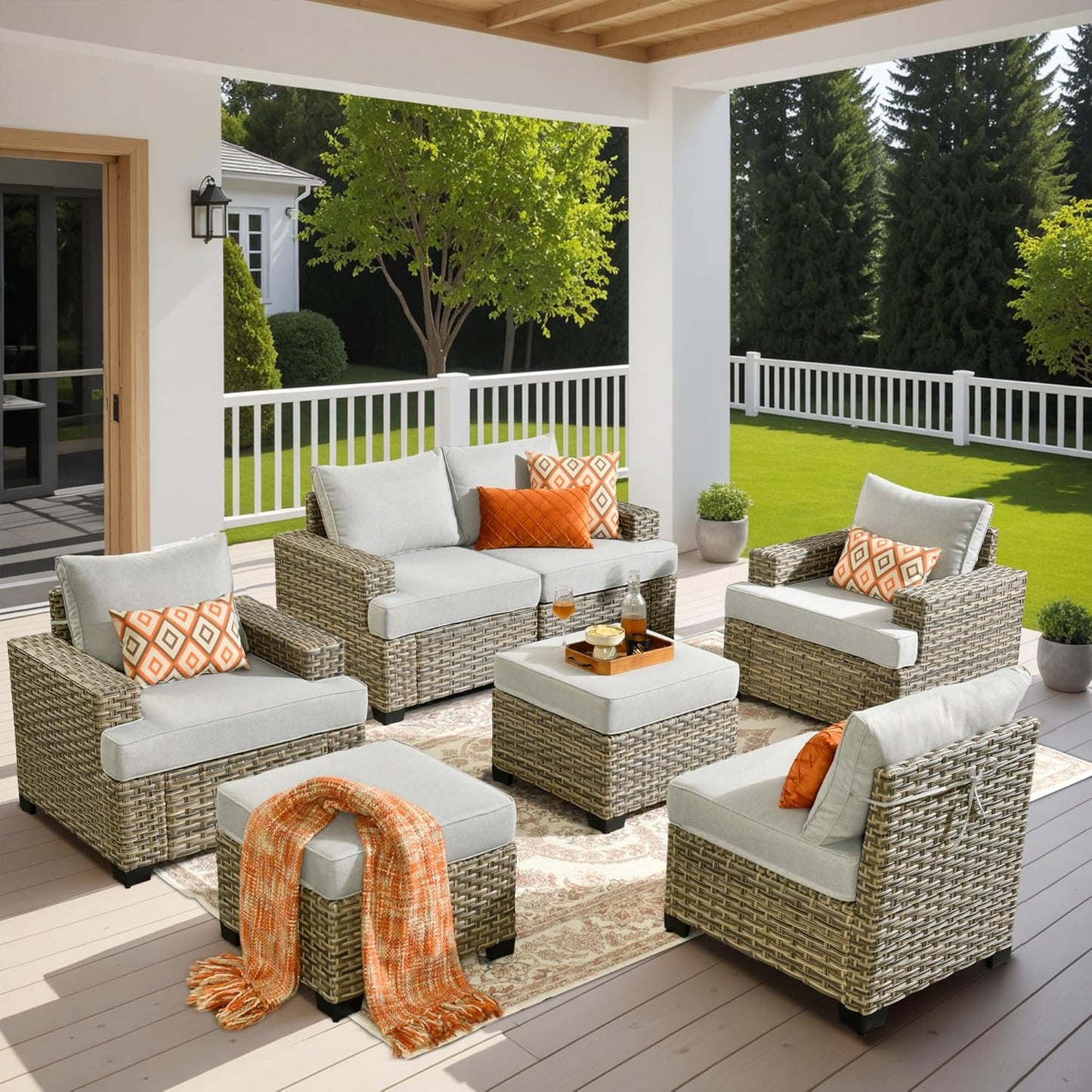 HOOOWOOO Outdoor Sectional Patio Furniture Set,7 Pieces Wicker Conversation Sets,Extra Deep Out Door Sofa Outside Furniture Couch with Ottoman,Light Gray