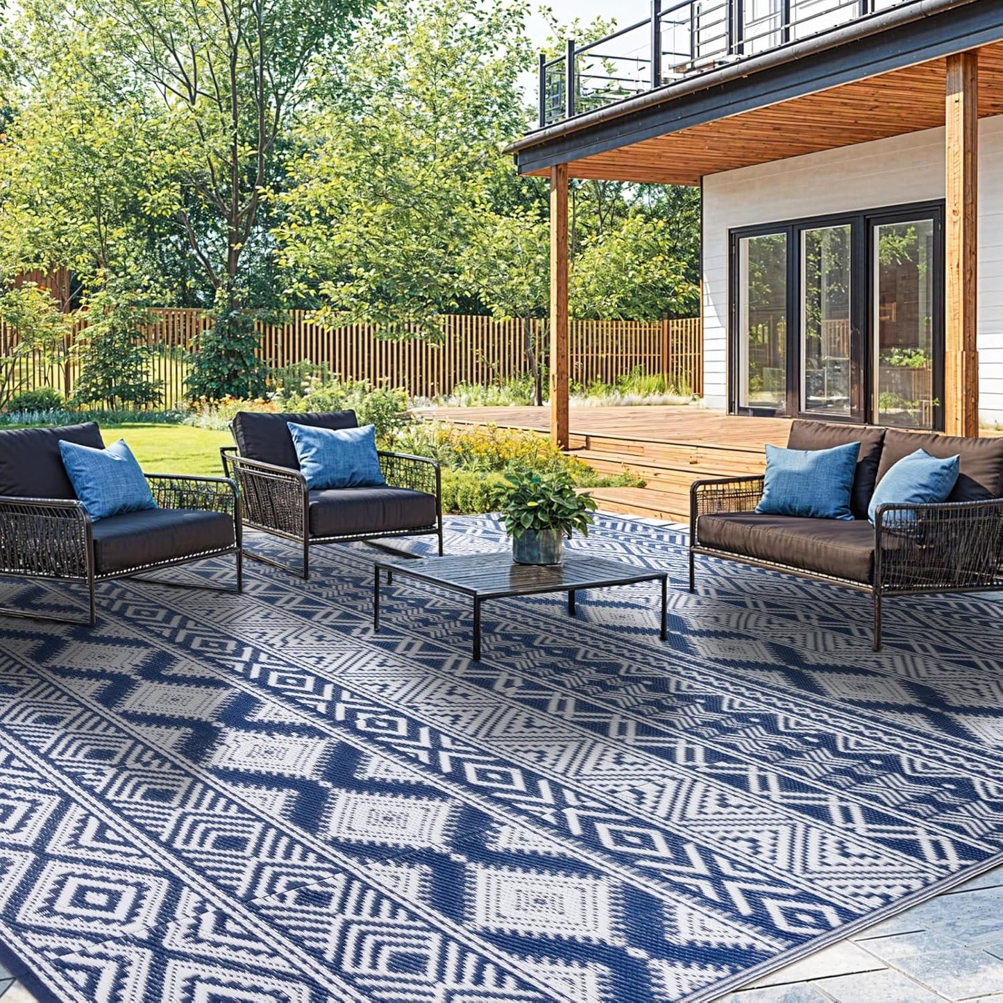 8'x10' Reversible Outdoor Rug - Eco-Friendly Plastic Straw Rug-Heavy-Duty Waterproof Mat, UV & Fade Resistant for Patio, Camping, RV, Deck, Balcony(8x10,Blue&White)