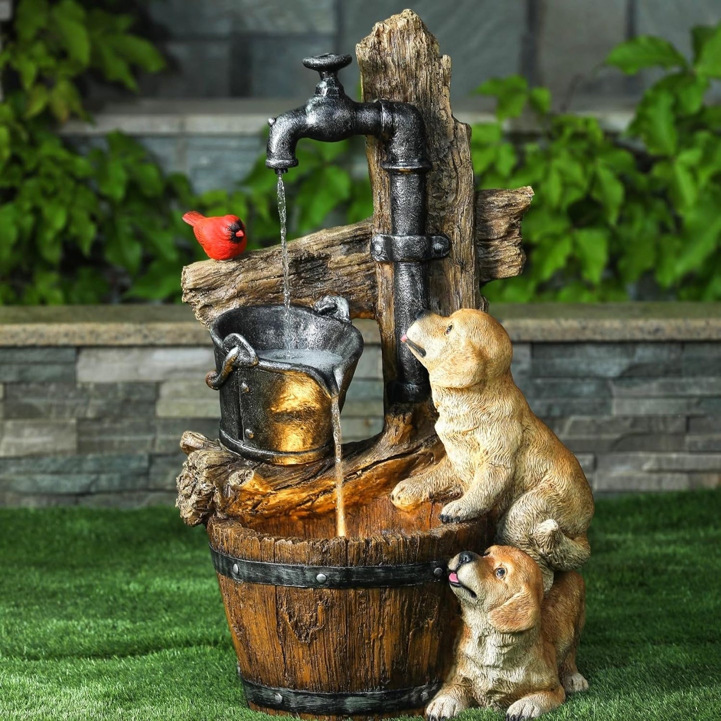 LuxenHome Water Fountain Outdoor, 30" Rustic Outdoor Water Fountain with LED Lights, Rustic Barrel Puppy and Pump Water Feature Outdoor, Garden Fountains Outdoor Patio, Porch, or Indoor Entryway