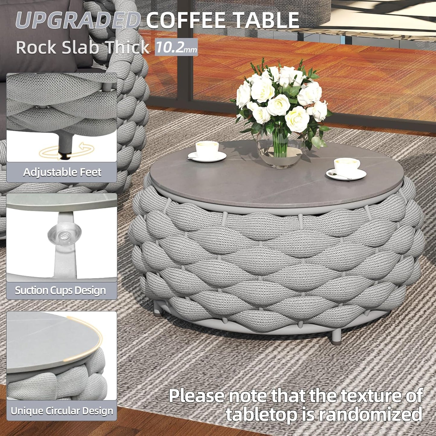 5 Pieces Patio Furniture Set Outdoor Rope Conversation Sectional Patio Sofa with 5 Seater for Backyard, Porch, Modern Armchairs with Thickness Cushions and Side Table