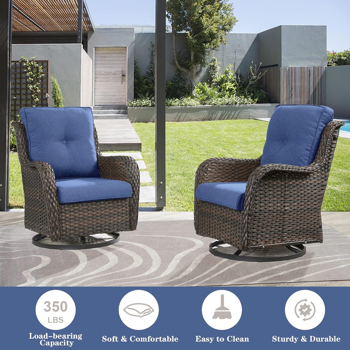 Wicker Outdoor Furniture Patio Furniture Set - 6 Piece Patio Conversation Set with Swivel Rocker Chairs, Loveseat Sofa, Ottomans and Coffee Table, Blue Cushion
