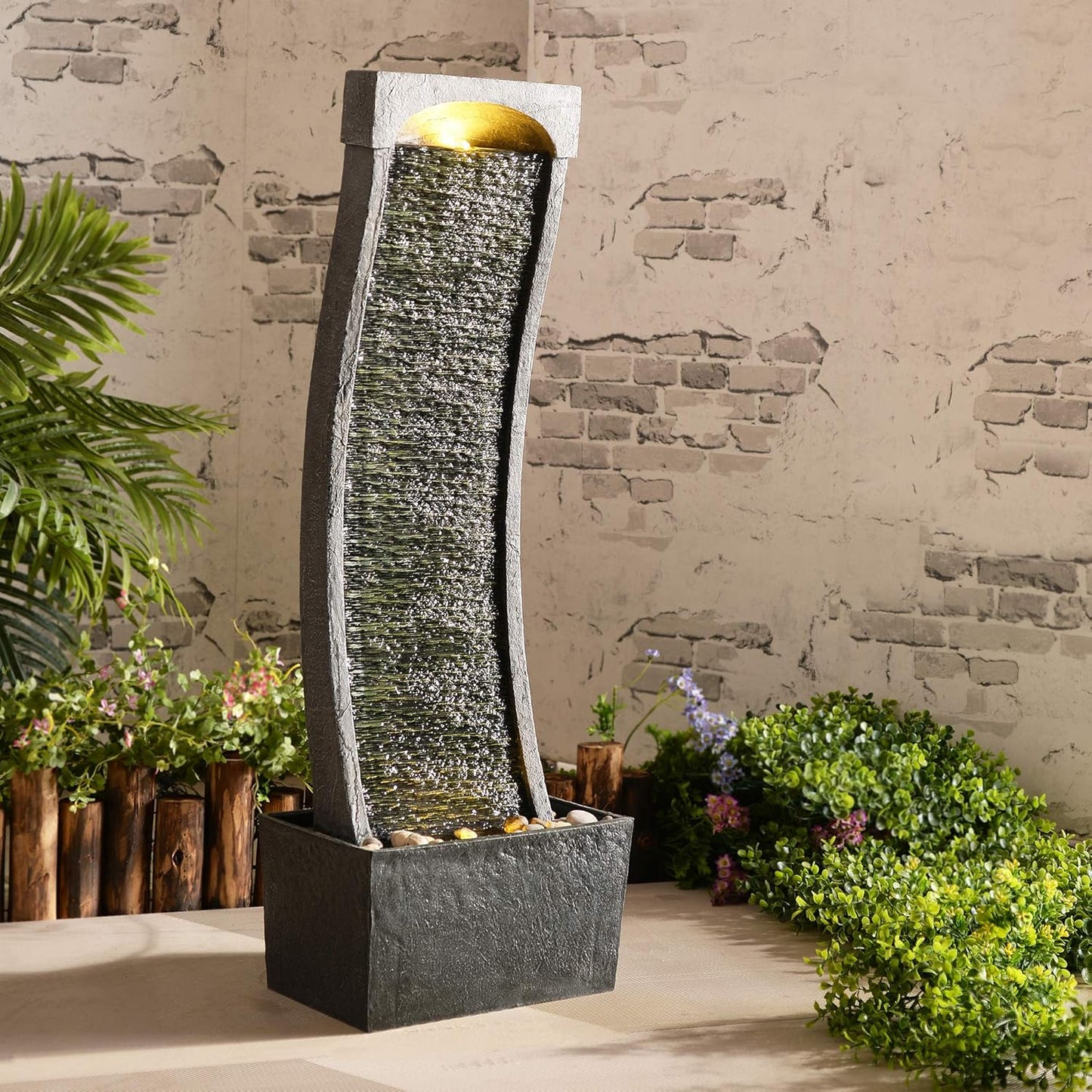 Teamson Home 38.58 in. Modern Curved Faux Slate Waterfall Fountain for Indoors or Outdoors with LED Light Accents and 1.98-Gallon Pump, Black and Stone Gray
