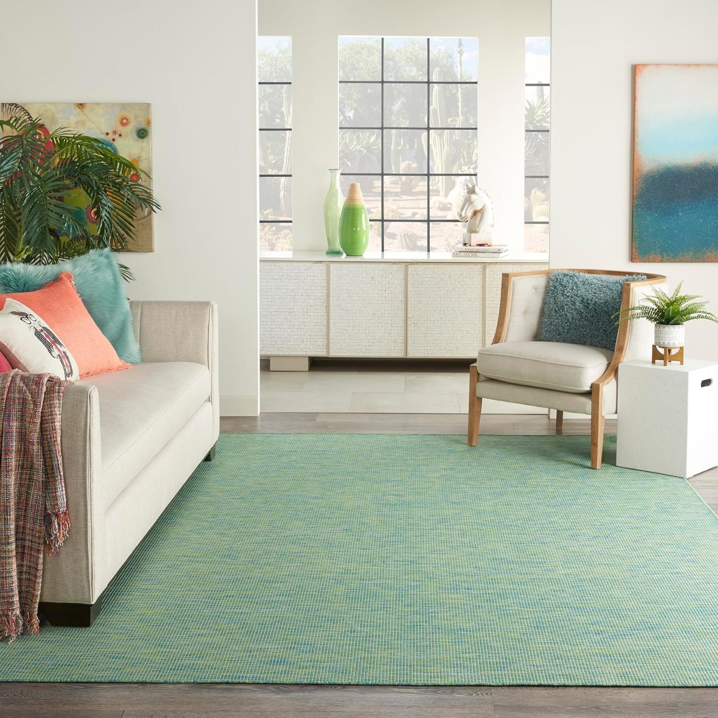 Nourison Positano Indoor/Outdoor Blue/Green 9' x 12' Area Rug, Easy Cleaning, Non Shedding, Bed Room, Living Room, Dining Room, Backyard, Deck, Patio (9x12)