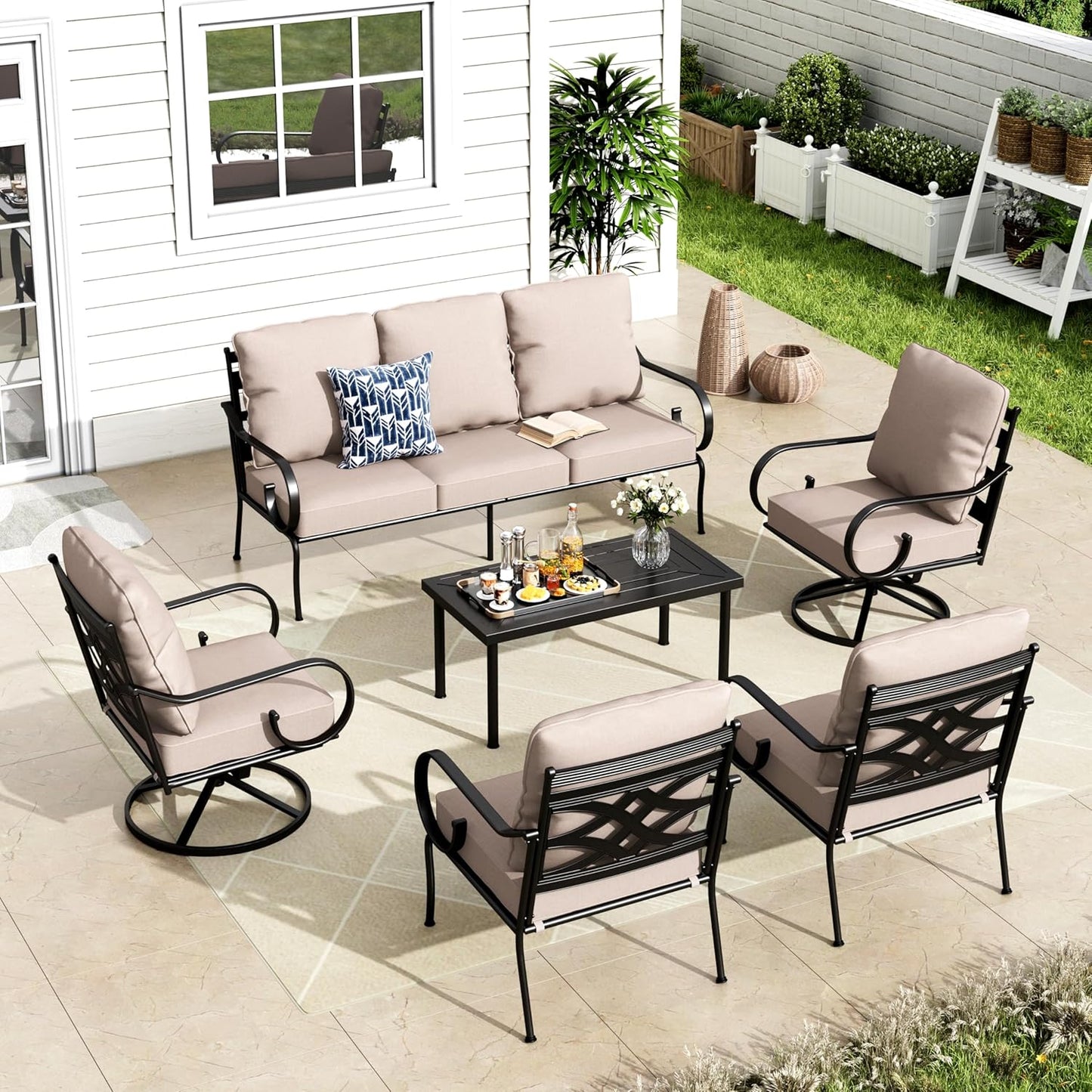 MFSTUDIO 7 Seats Metal Patio Conversation Furniture Sets, 6 Pieces Outdoor Sectional Sofa with 2 Swivel Chairs, 2 Fixed Chairs, 3-seat Sofa and Table for Outside Backyard Poolside Garden