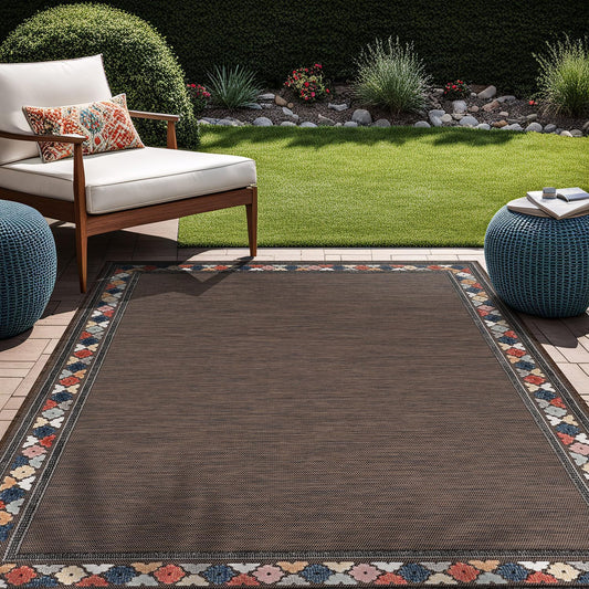Beverly Rug Outdoor Rug 6x9 Modern Bordered Area Rugs for Indoor and Outdoor Patio Easy to Clean Non Shedding Living Room Porch Garden Washable Outside Carpet (6 x 9 Brown)