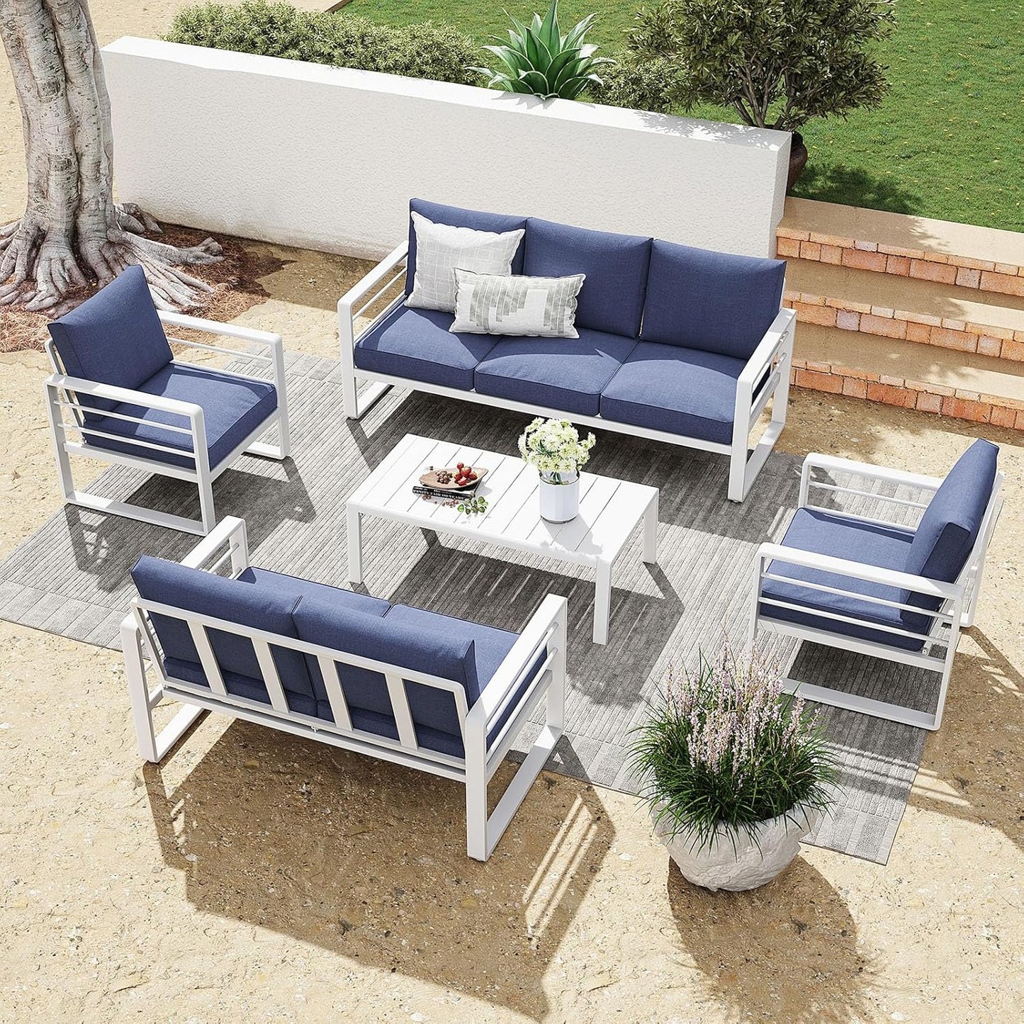 Patiorama Aluminum Patio Furniture Set, Outdoor Patio Loveseat, 2 Seat Sofa Couch, All Weather White Metal Chair with Olefin Cushion, Deep Seating, 600 lbs Capacity, Deck, Garden-Blue Cushion