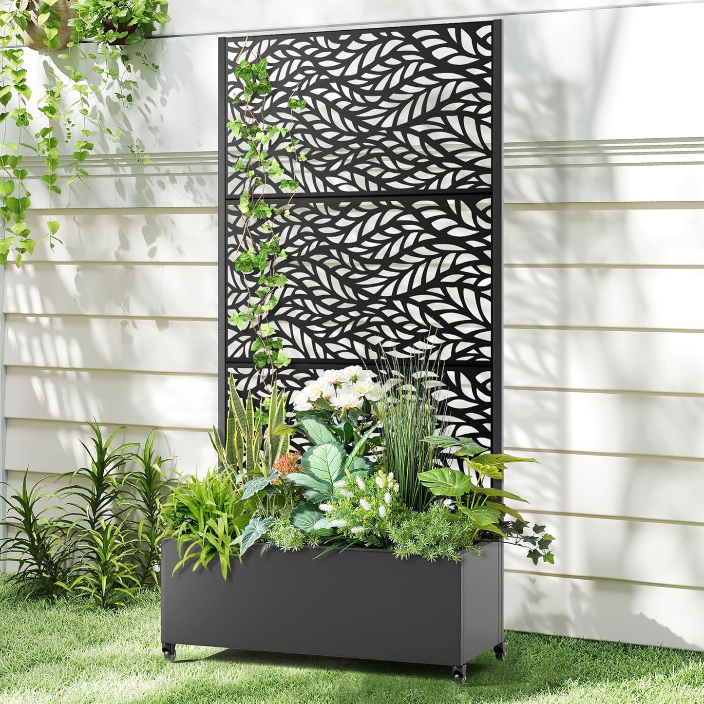 Raised Garden Bed with Trellis and Wheels,73"x35"x16" Metal Raised Garden Bed,Black Flowing Leaf Metal Planter with Climbing Trellis for Vines & Vegetables