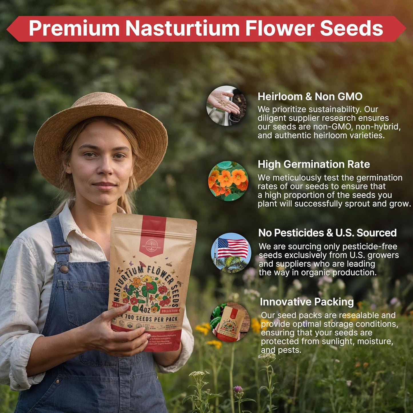 Nasturtium Seeds Pack 4 oz - Over 700 Non-GMO Heirloom Nasturtium Seeds for Planting, Edible Flowers in Individual Seed Packet for Planting Home Garden Indoor & Outdoor Gardening