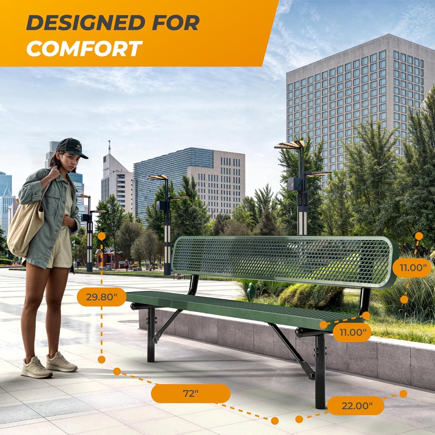 Heavy-Duty Outdoor Metal Bench, Thermoplastic-Coated, Inground, Weatherproof, Commercial-Grade for Parks, Gardens, Patios, Stores & More (6 Ft - Inground with Back, Green)