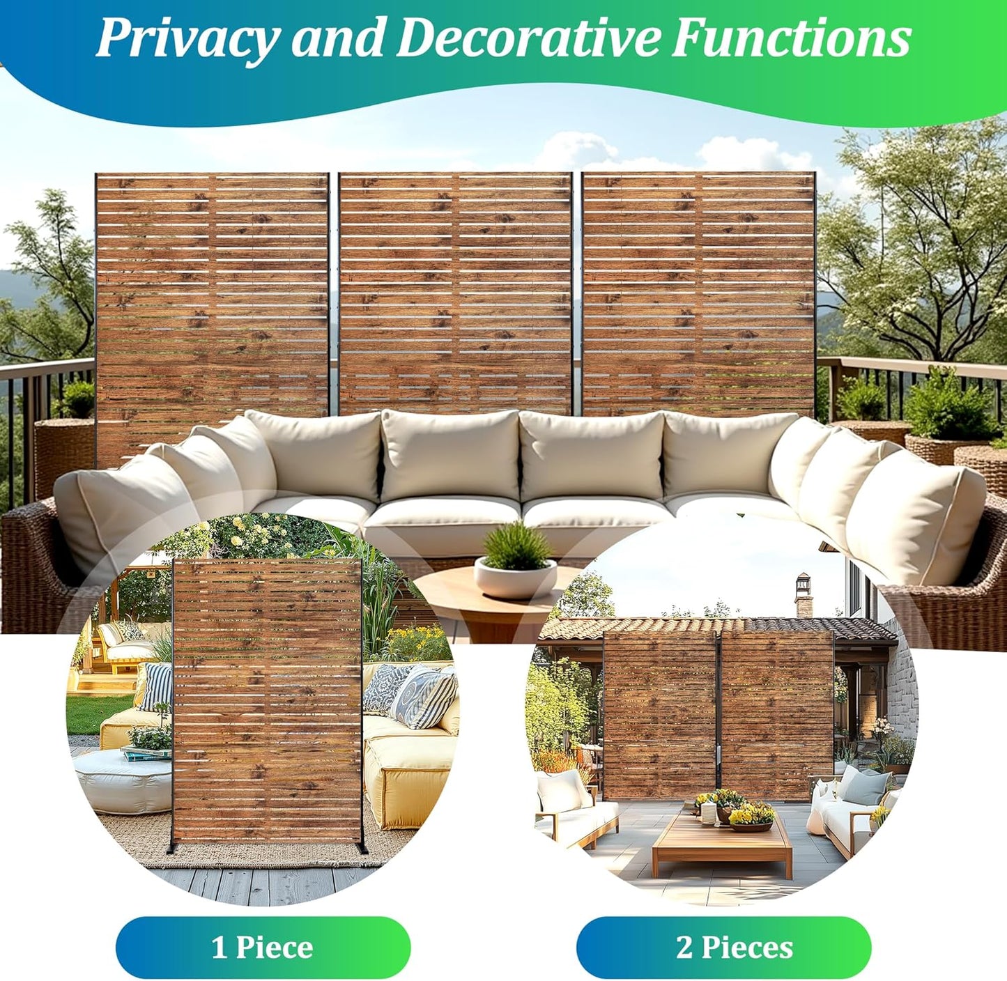 Metal Privacy Screen, 72" H×47" W Outdoor Privacy Screen, Freestanding Decorative Privacy Screen for Deck Balcony Patio, Natural Wood Brown