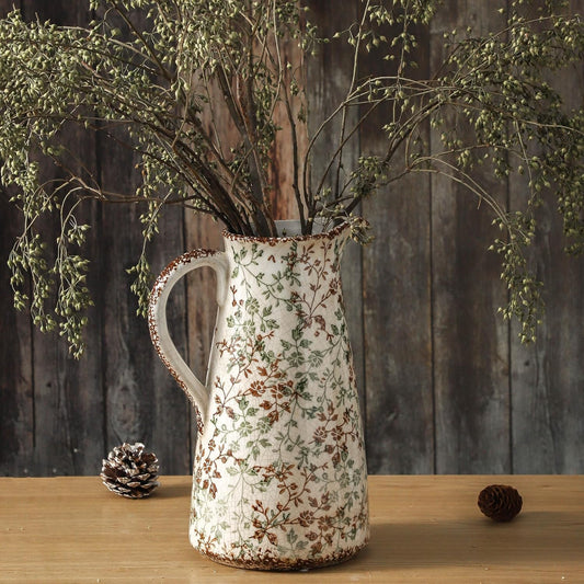 Enra Pitcher vase with Handle,12.2 in Ceramic Vintage Chinoiserie Floral Vase,Green and Beige Decorative Flower vase,Large Rustic Vases for Home Decors, Living Room, Bookshelf, Office