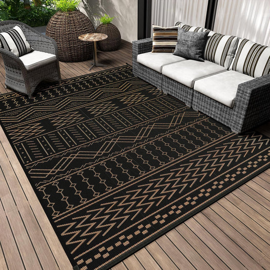 Outdoor Rug Carpet Waterproof 6x9 ft Patio Rug Mat Indoor Outdoor Area Rug for RV Camping Picnic Reversible Lightweight Plastic Straw Outside Rug for Patio Decor Decoration Boho Rug Black Brown