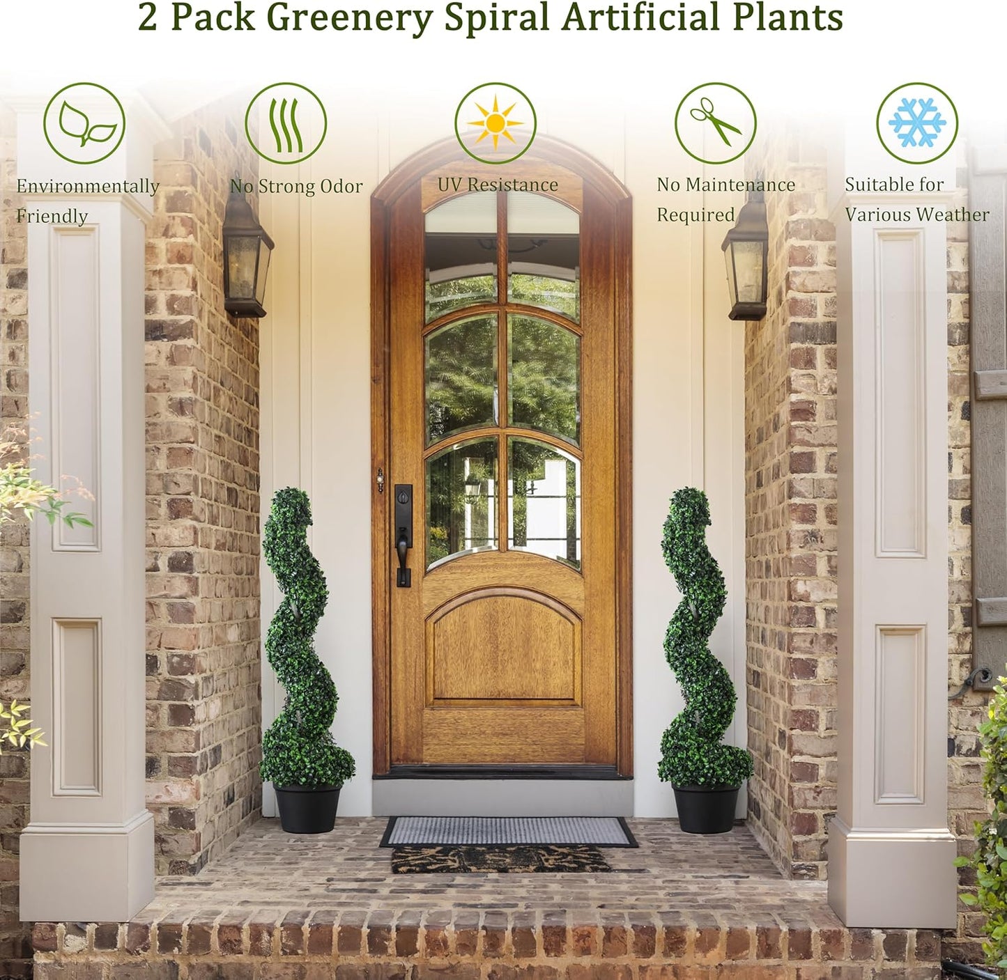 39 inchBoxwood Artificial Cedar Spiral Topiary Trees – Decorative Fake Greenery in Planter Pots for Front Porch, Outdoor Walkway, Entryway Decorating, Set of 2