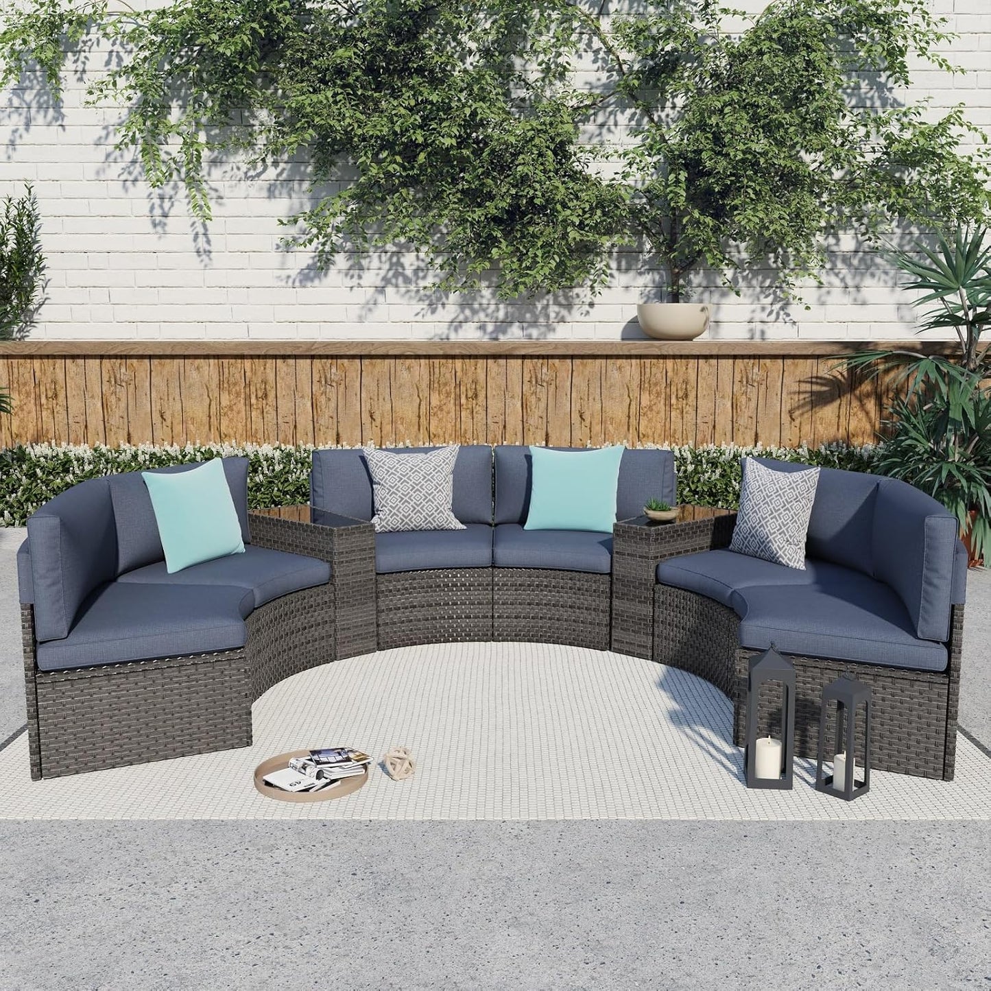 SUNSITT Outdoor Patio 8-Piece Half Moon Curved Furniture Sofa Set Grey Wicker Sectional Sofa Denim Blue Cushions with 2 Side Table