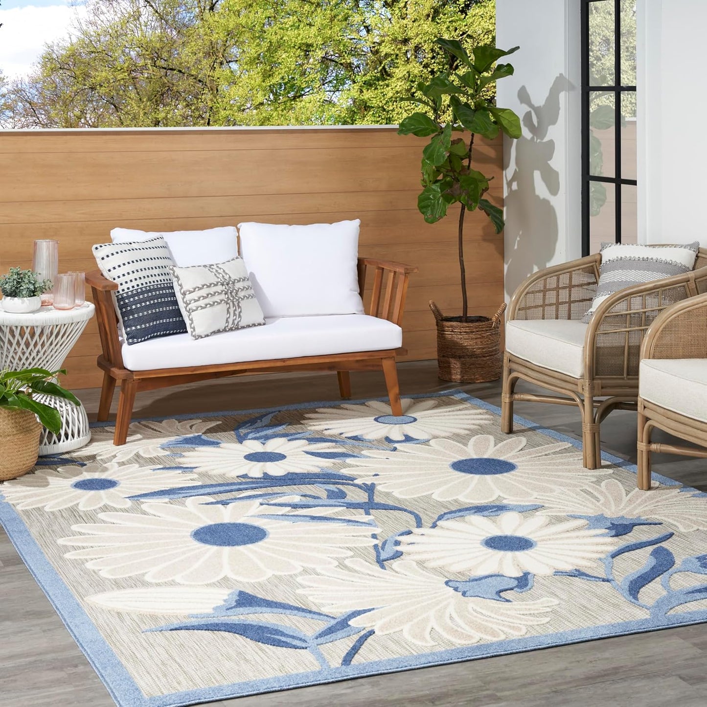 Nourison Home Aloha Indoor/Outdoor Blue/Grey 6' x 9' Area Rug, Easy Cleaning, Non Shedding, Bed Room, Living Room, Dining Room, Kitchen (6x9)