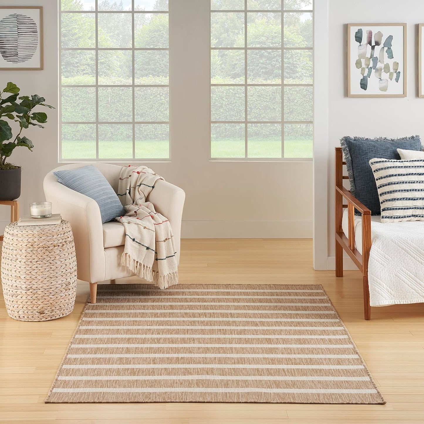 Nourison Home Positano Indoor/Outdoor Beige Ivory 4' x 6' Area Rug, Easy Clean, Non Shedding, Bed Room, Living Room, Dining Room, Deck, Backyard, Patio (4x6)