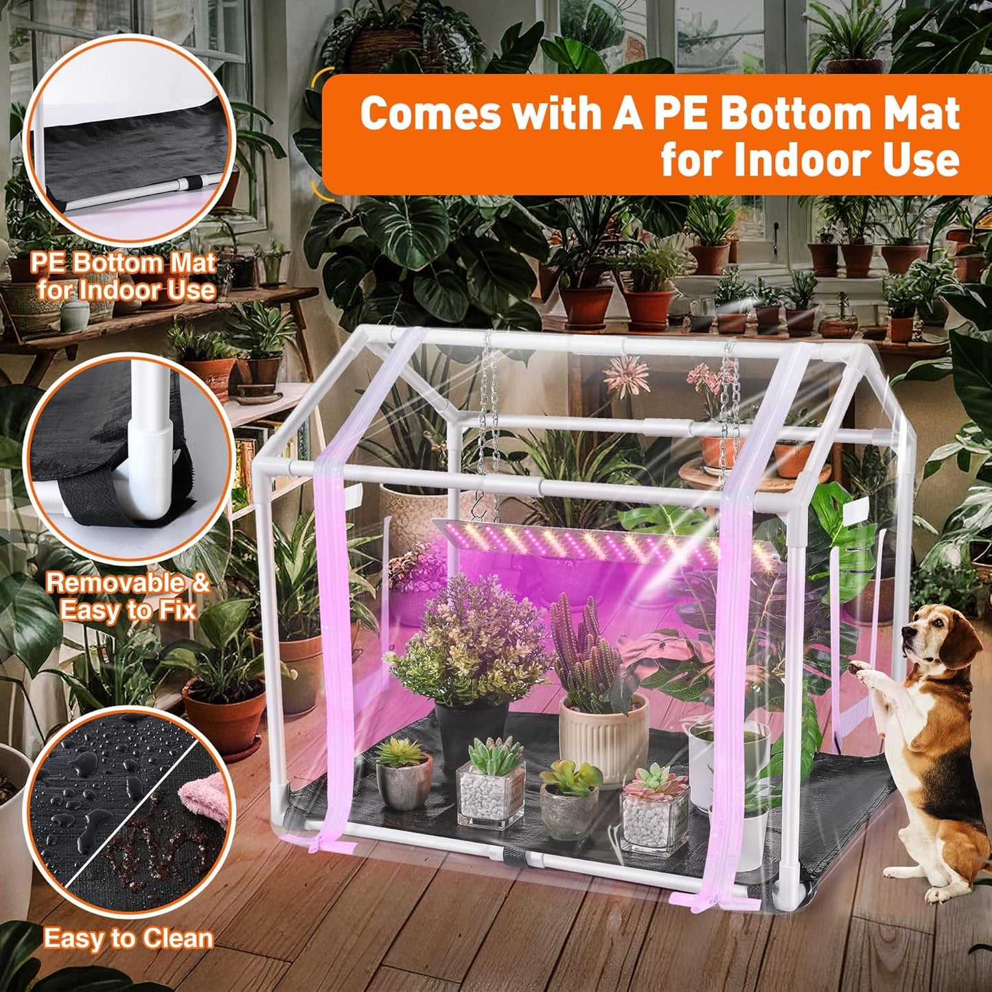 Meonum Mini Greenhouse with Grow Light for Indoor, Tabletop Small Greenhouse Kit with Bottom Mat for Waterproof, 15W Plant Dimmable LED Grow Lights and Timer, 3 Light Color Mode for Seed Starter Tray