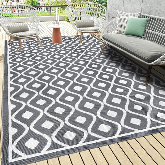 Pauwer Waterproof Outdoor Rug 6x9, Reversible Plastic Straw Patio Camping Rug, Indoor Outdoor RV Mat Carpet for Deck, Camper, Porch, Balcony, Backyard, Picnic, Geometric Grey