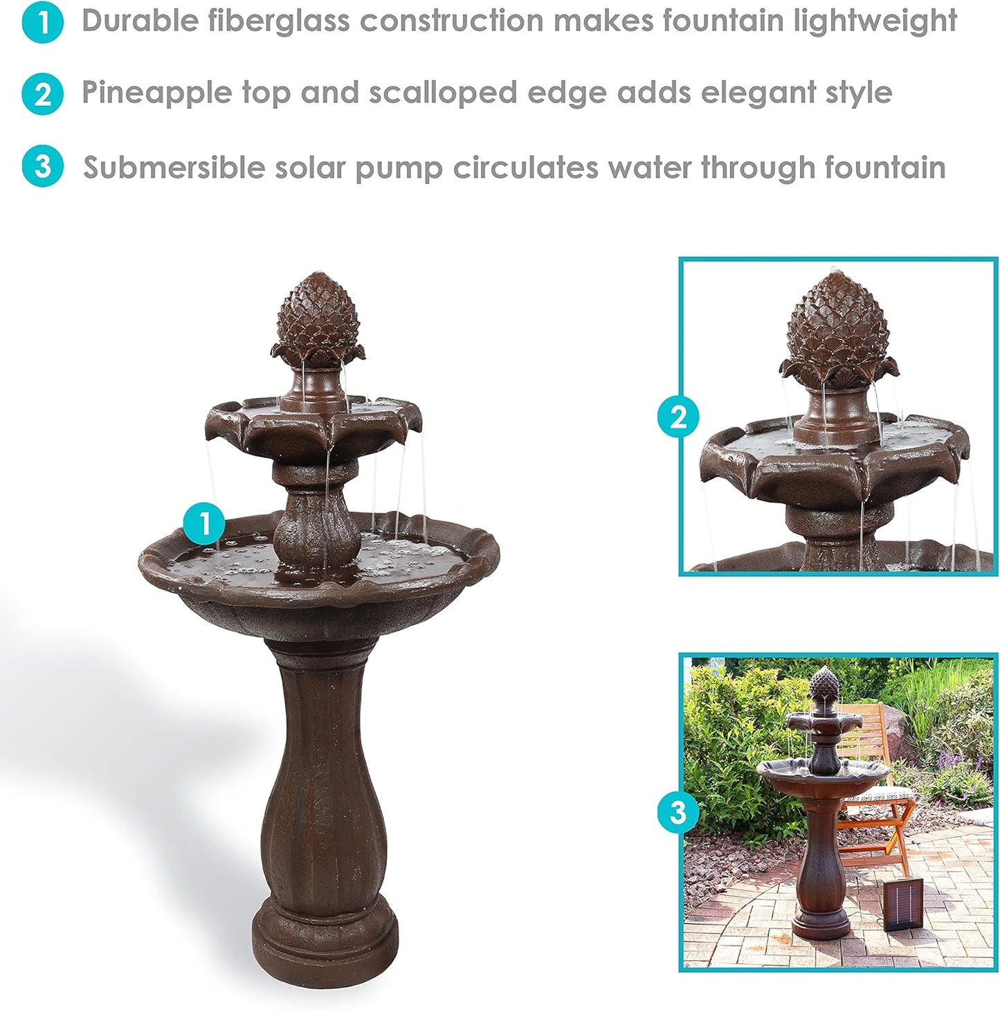 Sunnydaze Pineapple 46-Inch 2-Tier Outdoor Solar Fountain - Decorative Water Fountain with Pump for Garden, Patio, Yard or Balcony - Rust Finish