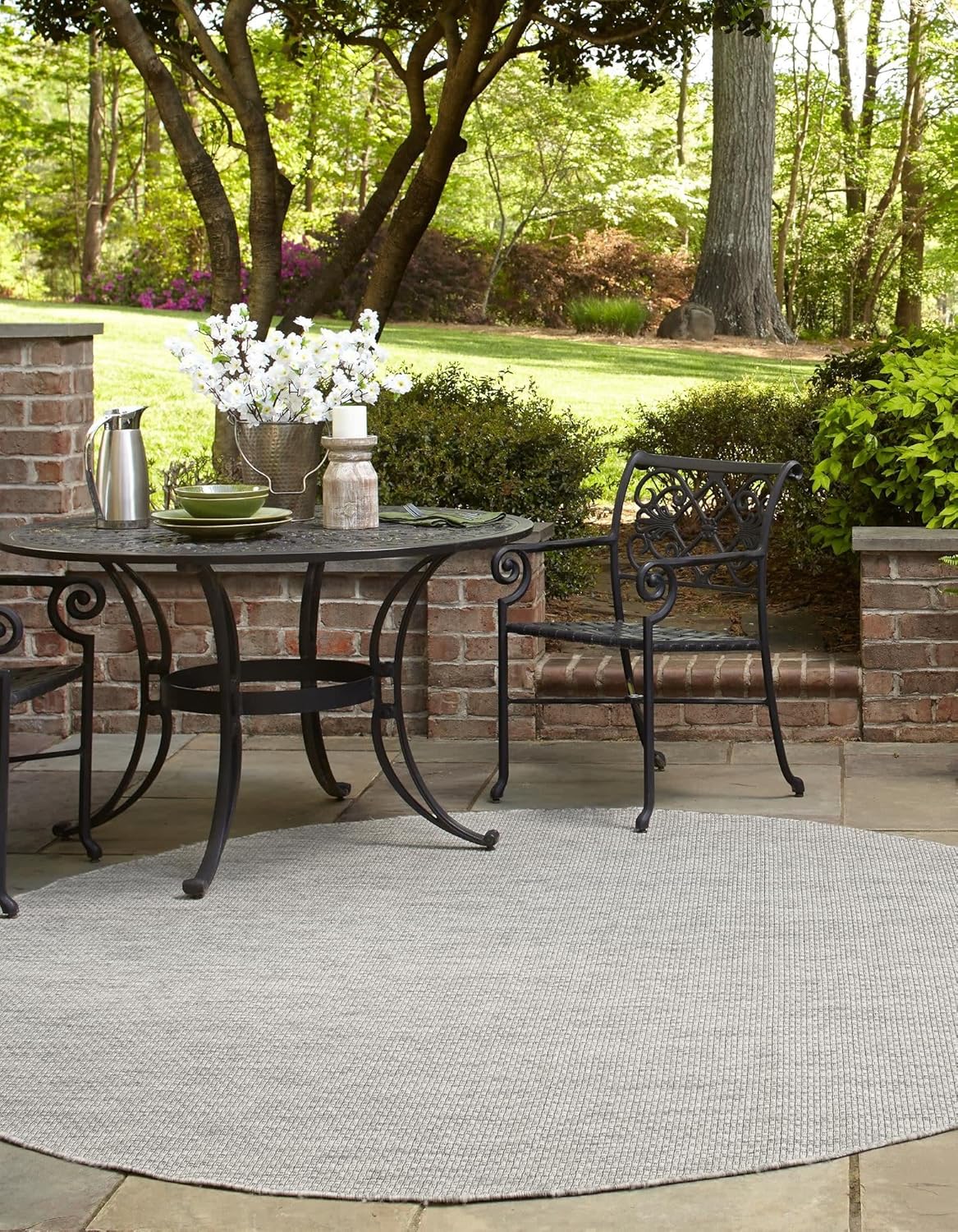 Unique Loom Collection Casual Transitional Solid Heathered Indoor/Outdoor Flatweave Area Rug (4' 1" Round, Light Gray/Ivory)