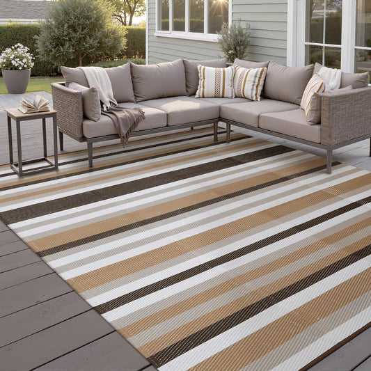 Outdoor Waterproof Rug 8'x10' Plastic Straw Rugs Washable Reversible Floor Mat Brown Stripe Carpet for Camping RV Deck Entryance Porch Picnic Balcony Beach Backyard