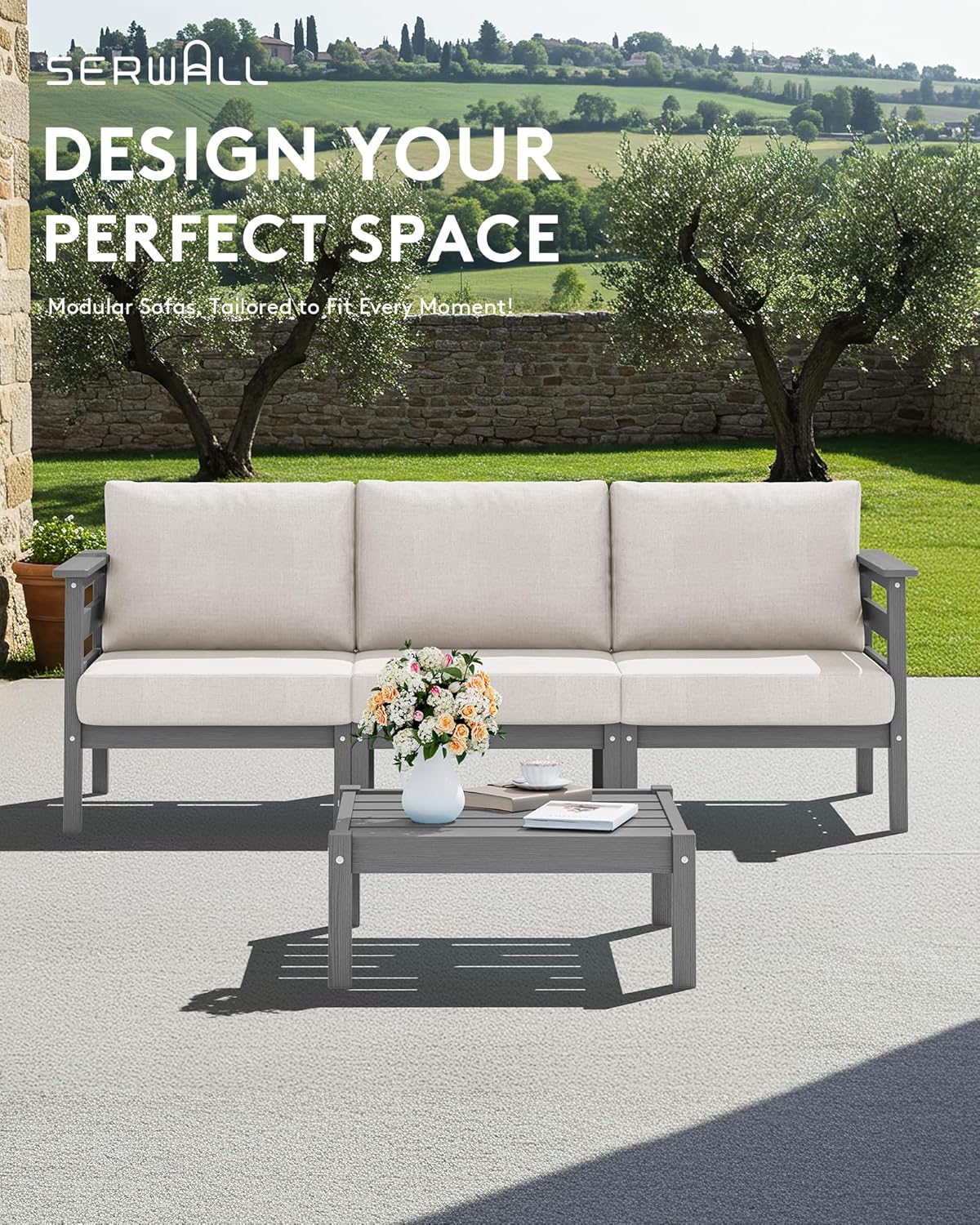 SERWALL HDPE Patio Furniture Set 4 Pieces, All-Weather Wood-Like Outdoor Sofa Couch with Coffee Table for Deck, Lawn, Grey Frame with Khaki Cushion