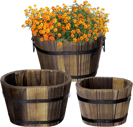 Adnee 3 Pcs Wooden Whiskey Barrel Planters - 3 Sizes Wooden Bucket Barrel Garden Planters Set - Rustic Flower Planters Pots Container for Indoor Outdoor Garden Home Plants(5.3",7.3",8.3")