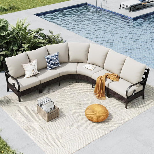 MFSTUDIO Patio Furniture Set, 6 Seats Half-Moon Curved Outdoor Sectional Sofa Conversation Set, Woven Rattan Patio Couch for Backyard, Garden, Deck