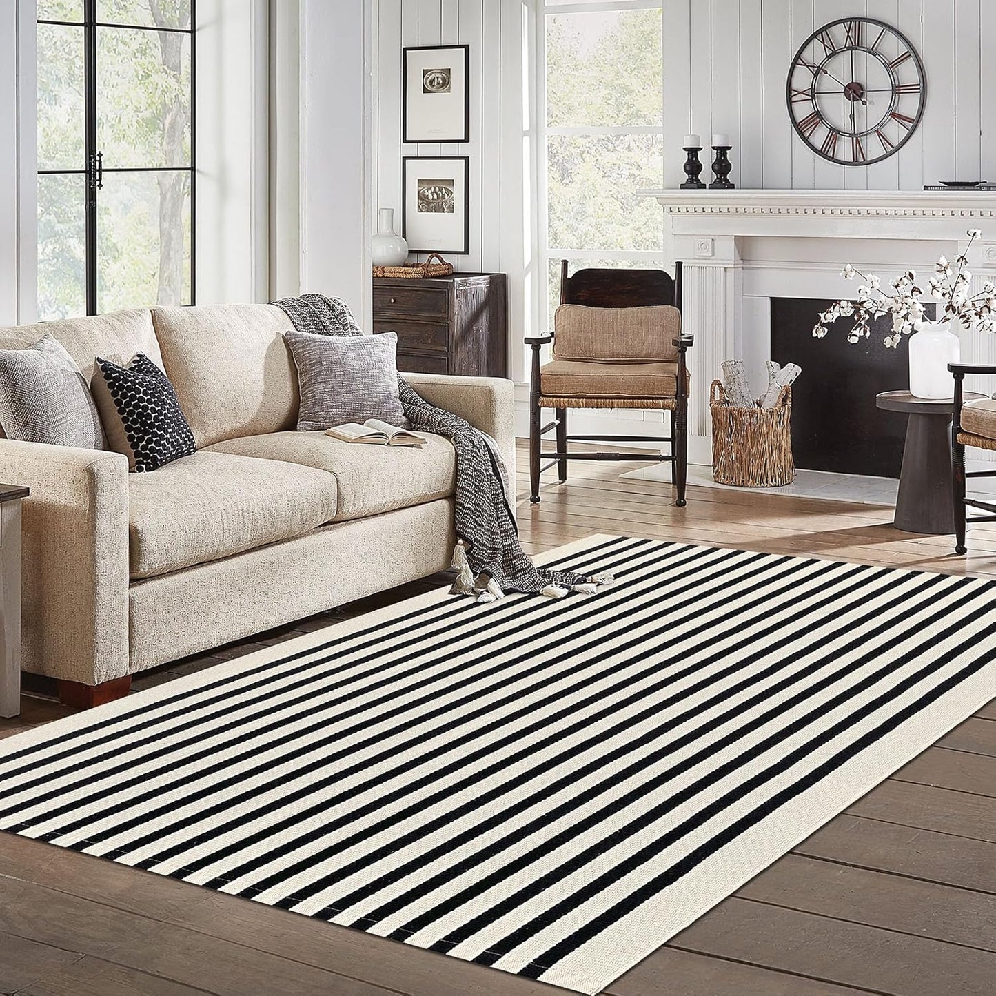 IOHOUZE Black Beige Striped Rug -5'x8' Indoor Outdoor Rug, Washable Area Rug for Living Room, Large Patio Rug, Cotton Striped Rugs for Patio Living Room Bedroom