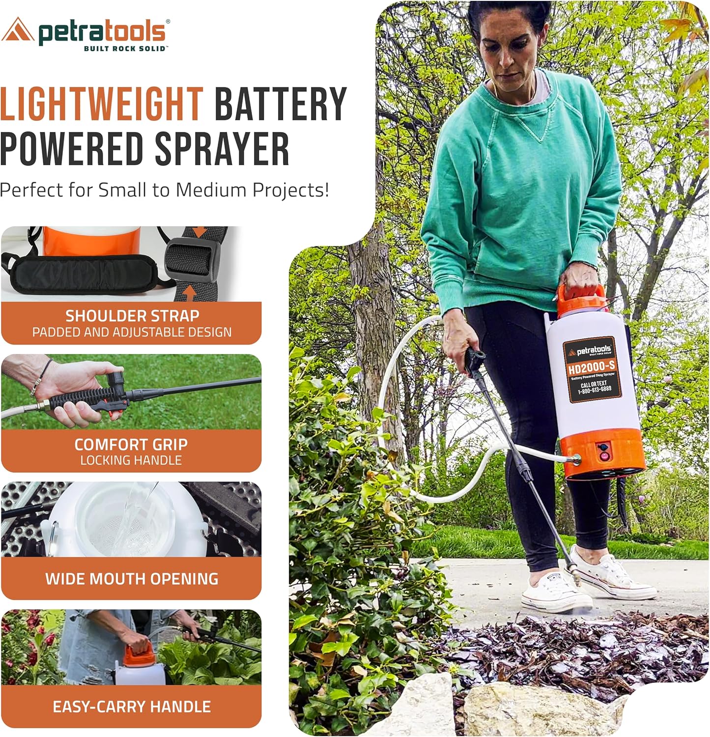 PetraTools Battery Powered Sprayer 2 Gallon - HD2000-S - Heavy Duty Electric Sprayer for Lawn and Garden Weed/Pest Control, Watering - with Battery, Charger & 2 Nozzles (2 Gallon)