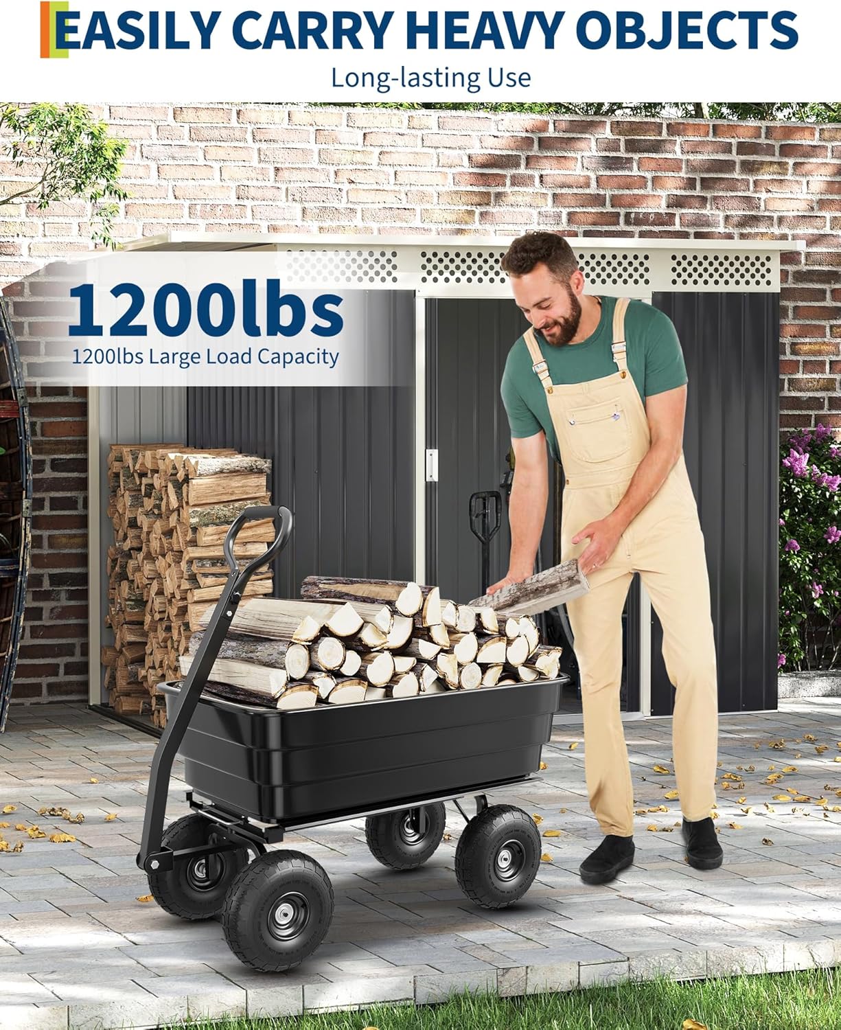 Poly Dump Cart - Heavy Duty 1200lbs Garden Cart with Quick-Release Dumping & No-Flat 13" Tires, Utility Wagon for Yard Work, Landscaping, Gardening