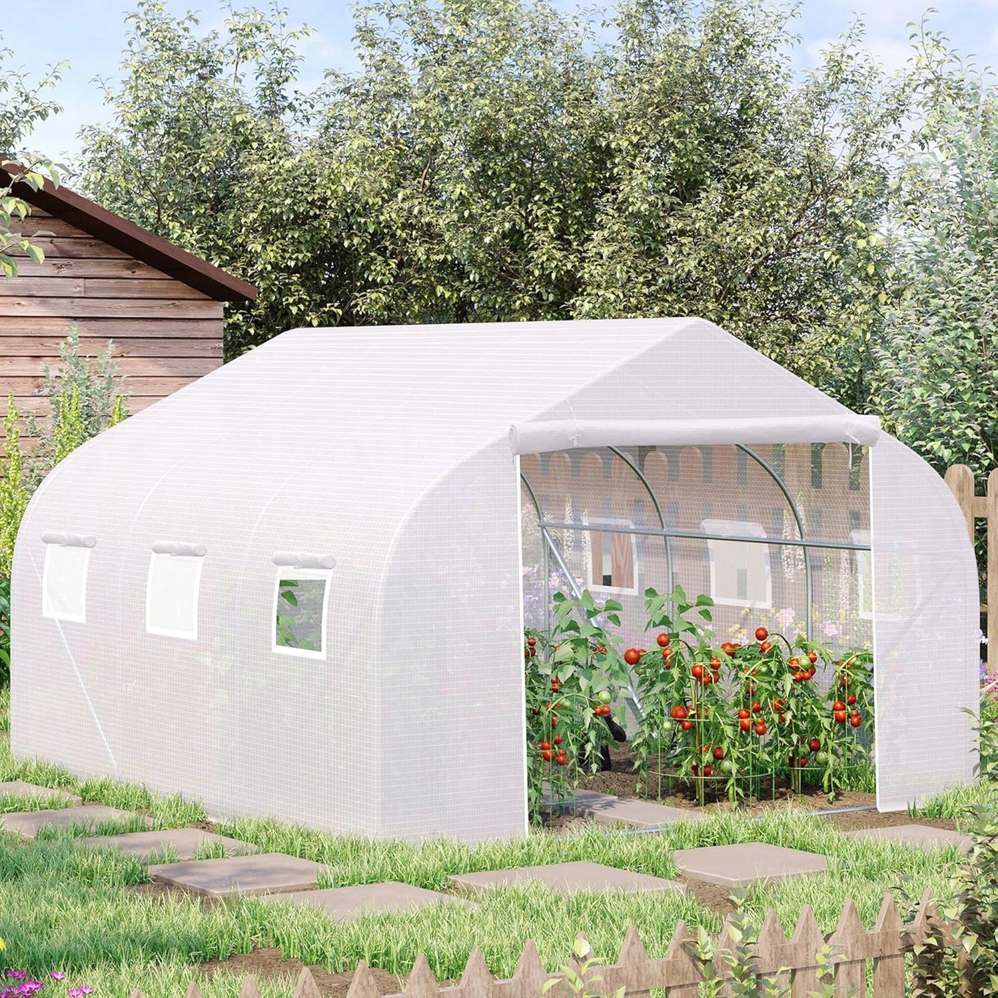 Outsunny 11.5' x 10' x 6.5' Outdoor Walk-in Greenhouse, Tunnel Green House with Roll-up Windows, Zippered Door, PE Cover, Heavy Duty Steel Frame, White