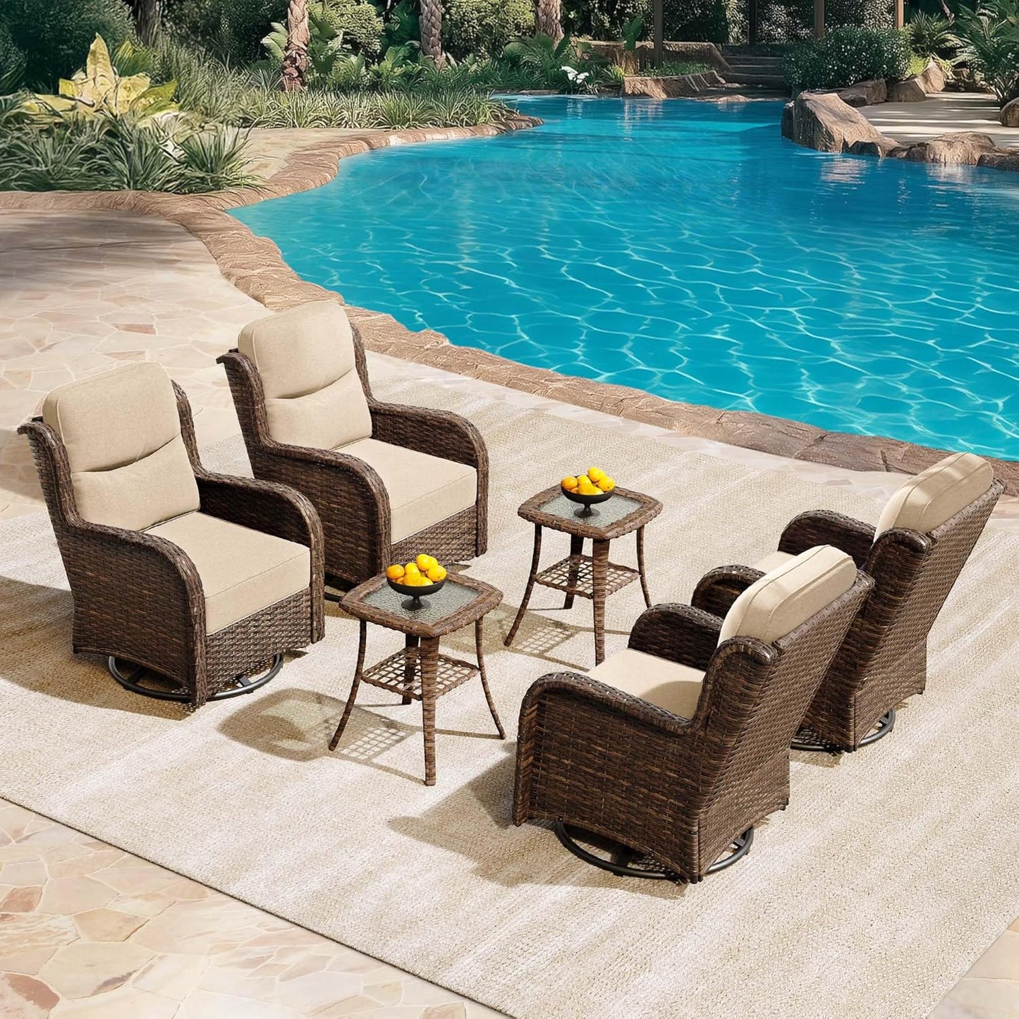 HILLGA Luxury Patio Furniture Set with 6-Inch Thick Cushions, High Back Outdoor Swivel Rocker Chairs and Table, 6-Piece All Weather Conversation Set for Porch Deck Balcony Yard, Beige (V3)