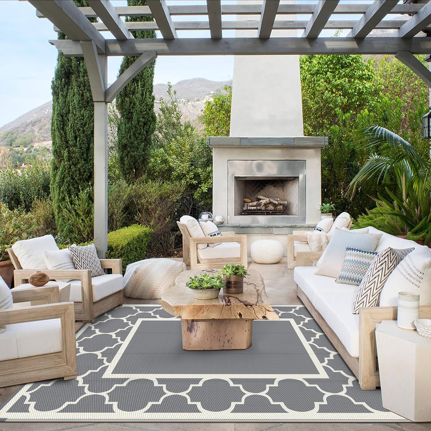 GENIMO 6' x 9' Outdoor Rug Waterproof for Patio Decor, Foldable Reversible Plastic Straw Area Rugs Mat for Camper, Outside Carpet for Rv, Deck, Porch, Picnic, Beach, Balcony, Grey & Beige White