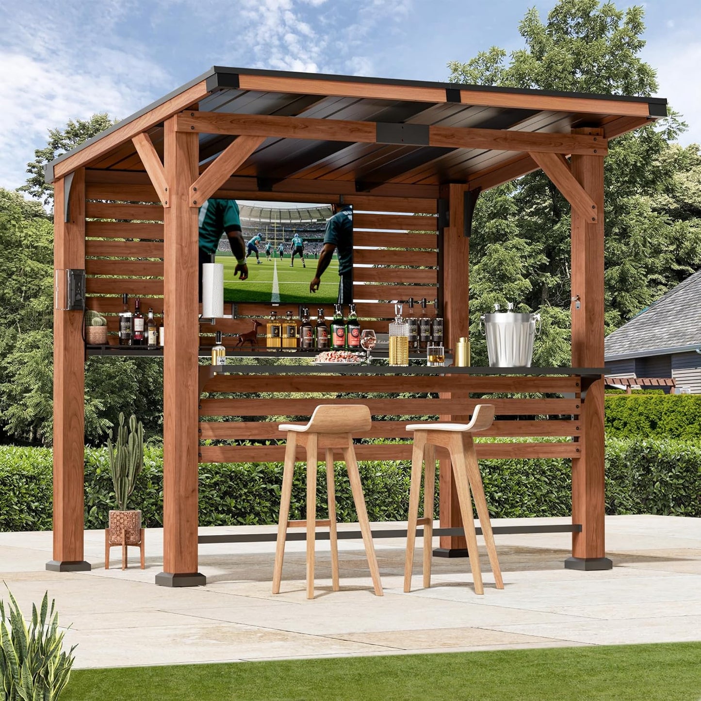 Modern Shade The Aura Cedar Wood Entertainment Bar Center, Wood Gazebo Grill Pavilion with Shelves & Paper Towel Holder, Grill Gazebo with Hardtop Steel Roof,TV Mount, Power Strip for Patio, Garden