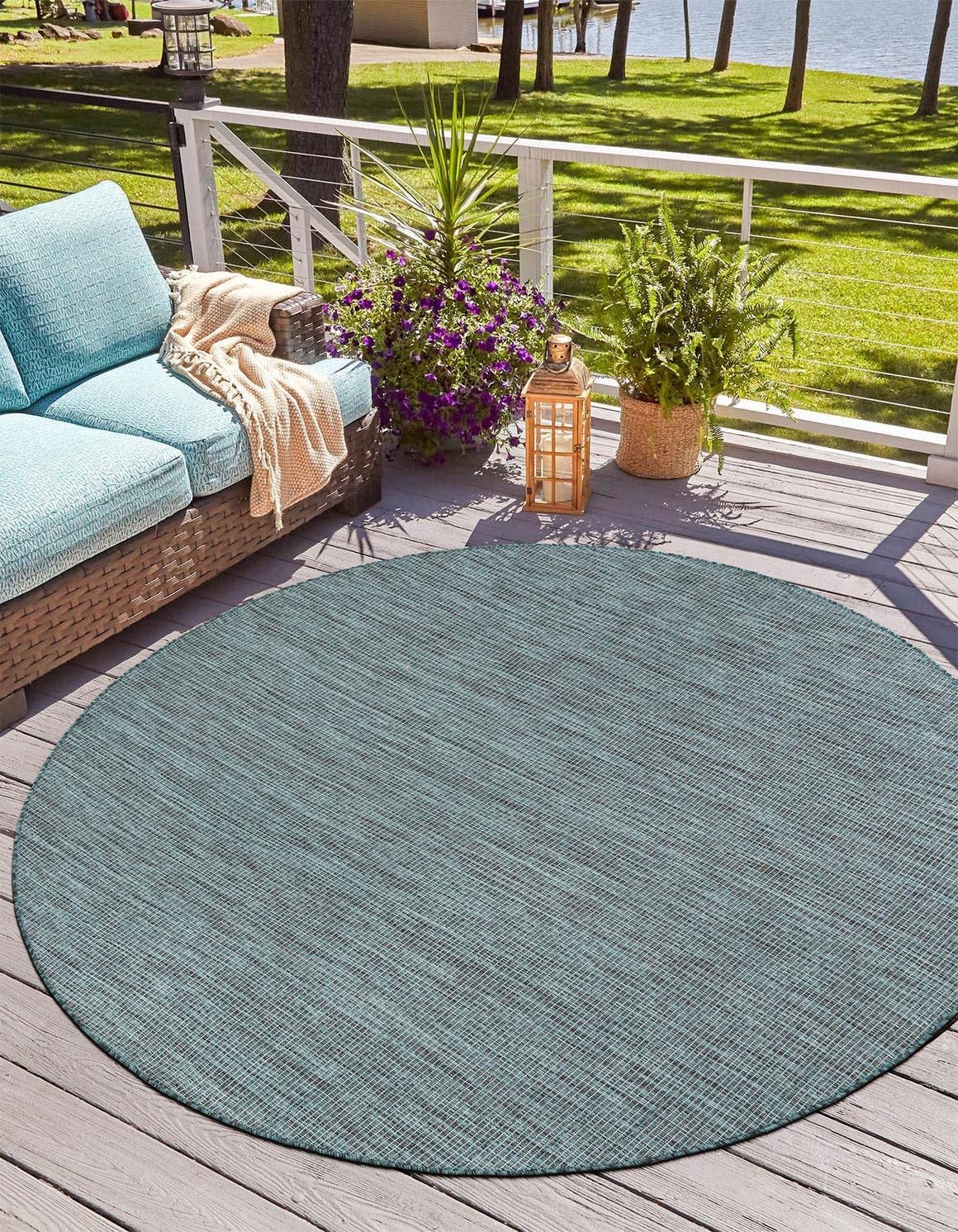 Unique Loom Outdoor Solid Collection Area Rug (4' 1" Round Teal/Navy Blue)