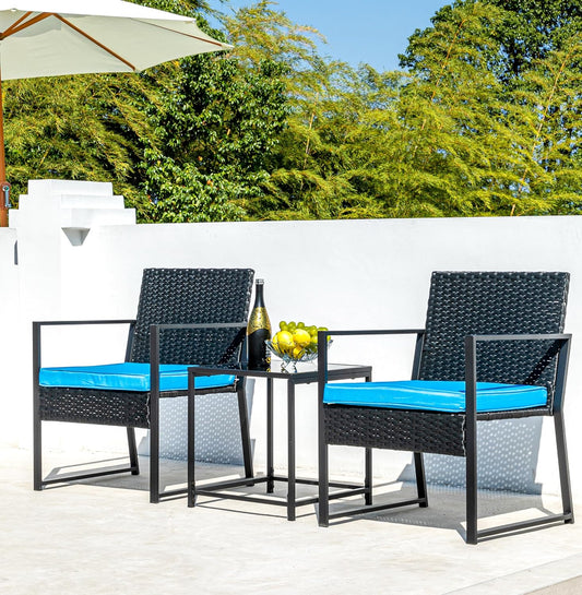 Patio Furniture Set,Wicker Bistro Set 3 Pieces Outdoor Furniture,Rattan Table and Patio Chairs Set for Balcony,Yard,Porch and Deck（Blue）