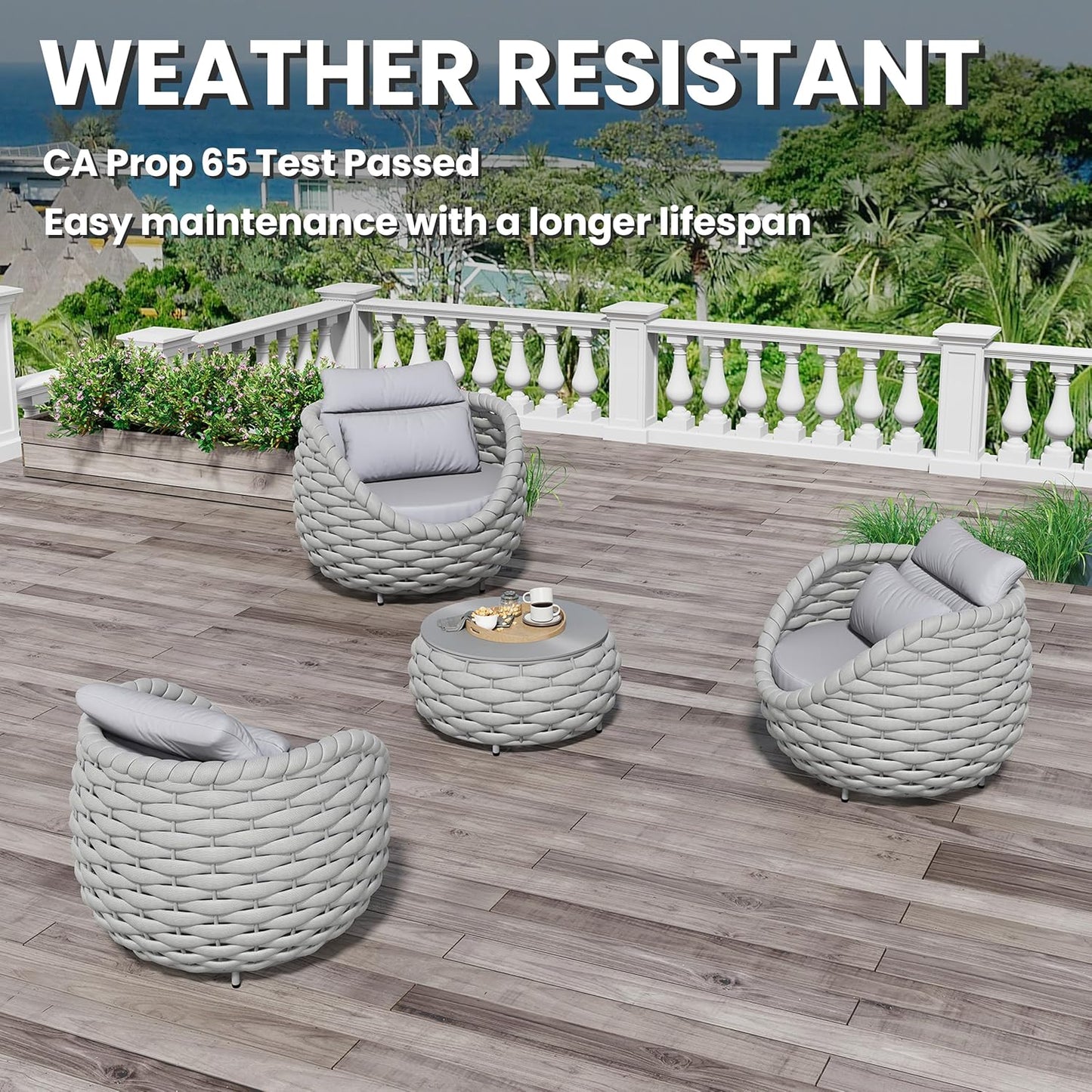 4 Pieces Courtyard Seating Set: Aluminum Woven Rope Patio Furniture Chair Set - All Weather Metal Outdoor Conversation Set - Assembled Armchair with Table Set for Bistro Deck Porch Balcony, Grey