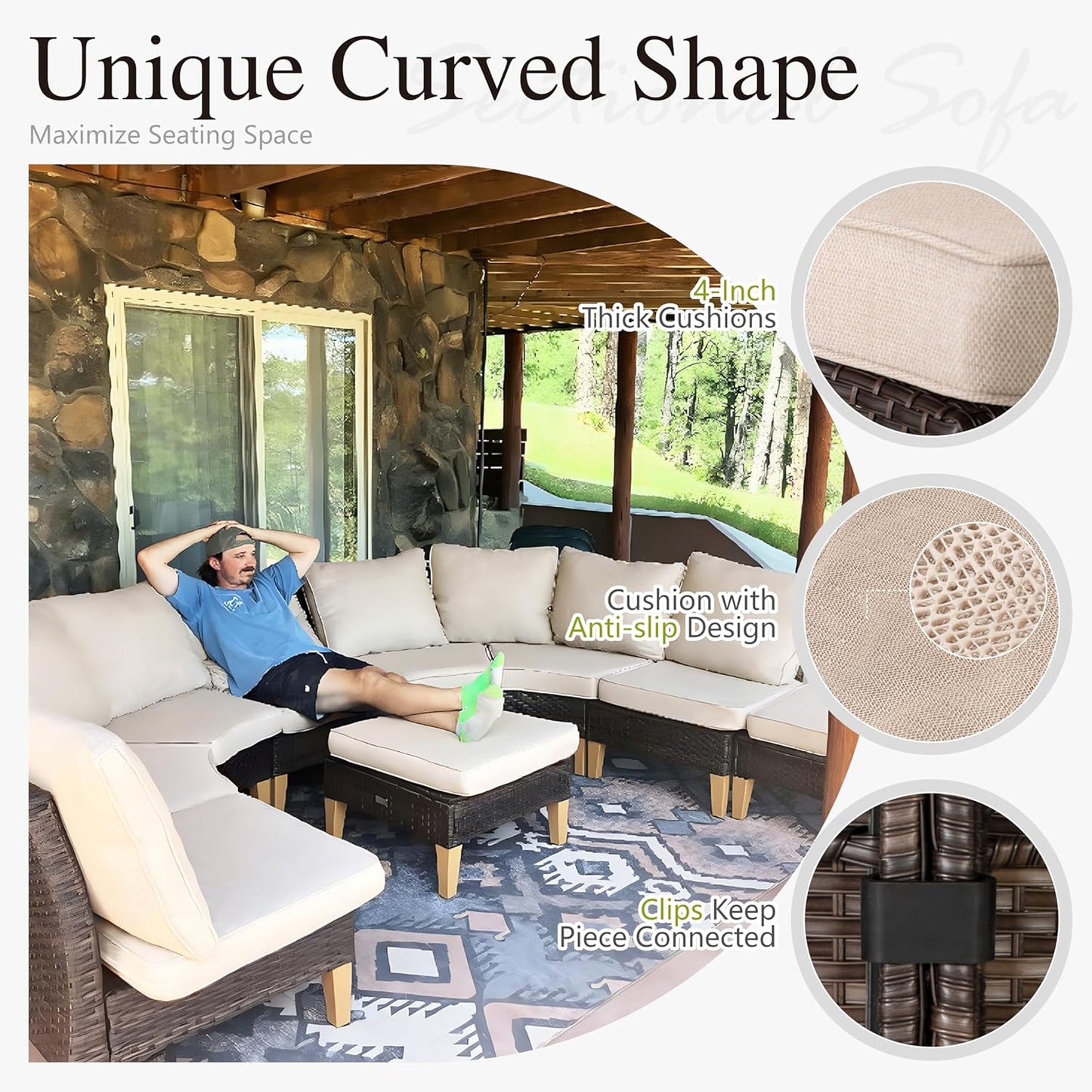 Sophia & William Large Half-Moon Outdoor Patio Furniture Set 9 Piece High Back Wicker Rattan Patio Sectional Furniture Sofa Set Fan-Shaped Conversation Set with 4 Ottomans & 4" Thick Cushions, Beige