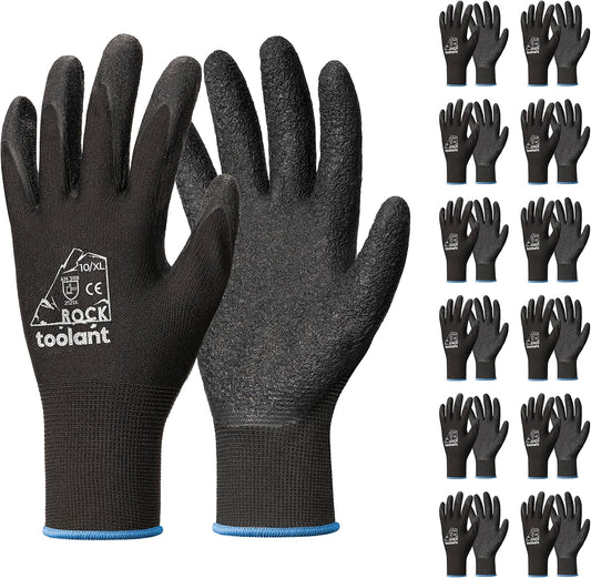 toolant Crinkle Latex Work Gloves Bulk, Rubber Coated Safety Work Gloves for Men and Women, 12 Pairs for Construction, Gardening, Warehouse (Black, XL)