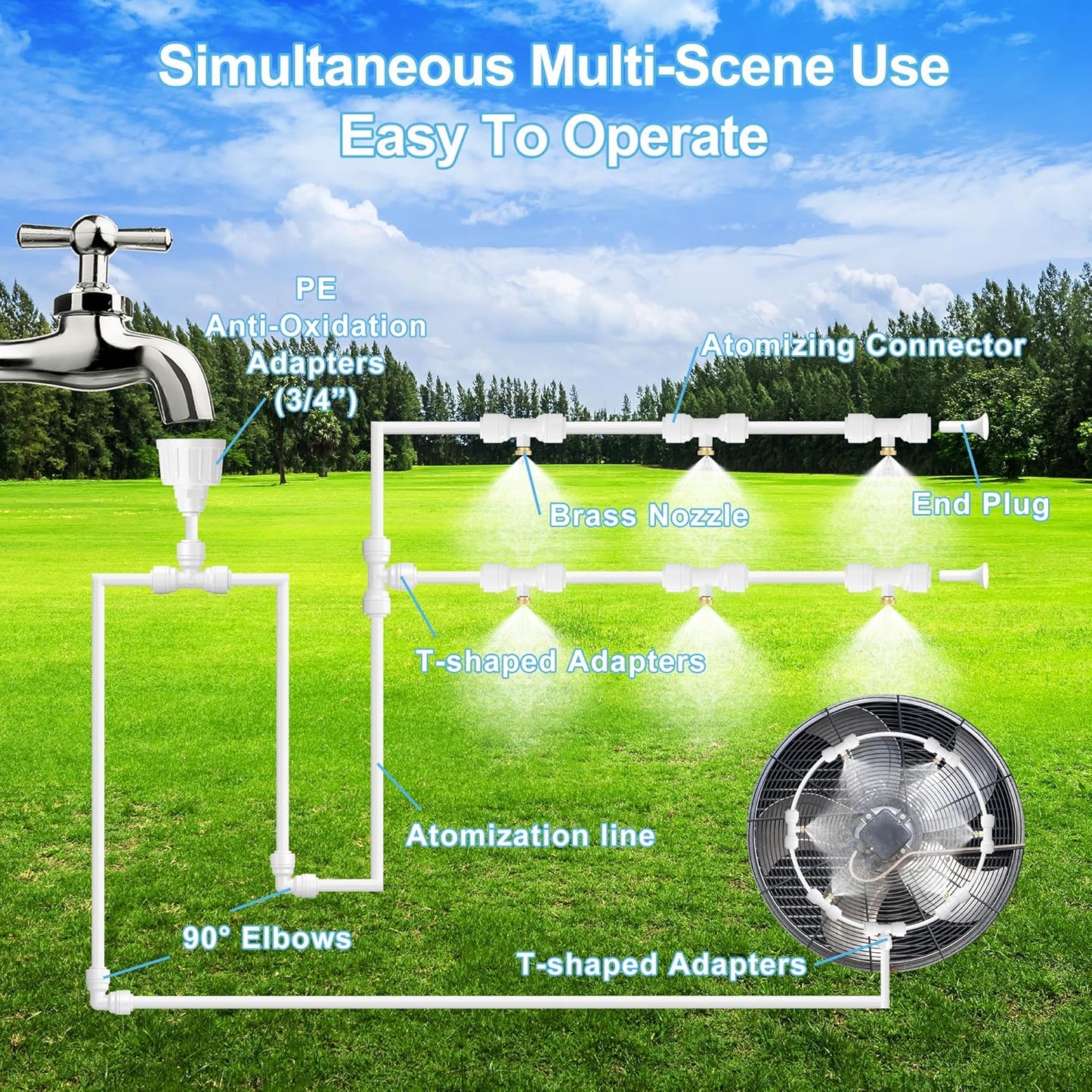Misting Systems White, Outside Patio Misters, 100FT Misting Cooling System+30 Brass Mister System+2 PE Antioxidant Adapters 3/4"+2 Tee Adapters+2 90 Degree Elbows for Pasture&Garden&Gazebo (White)