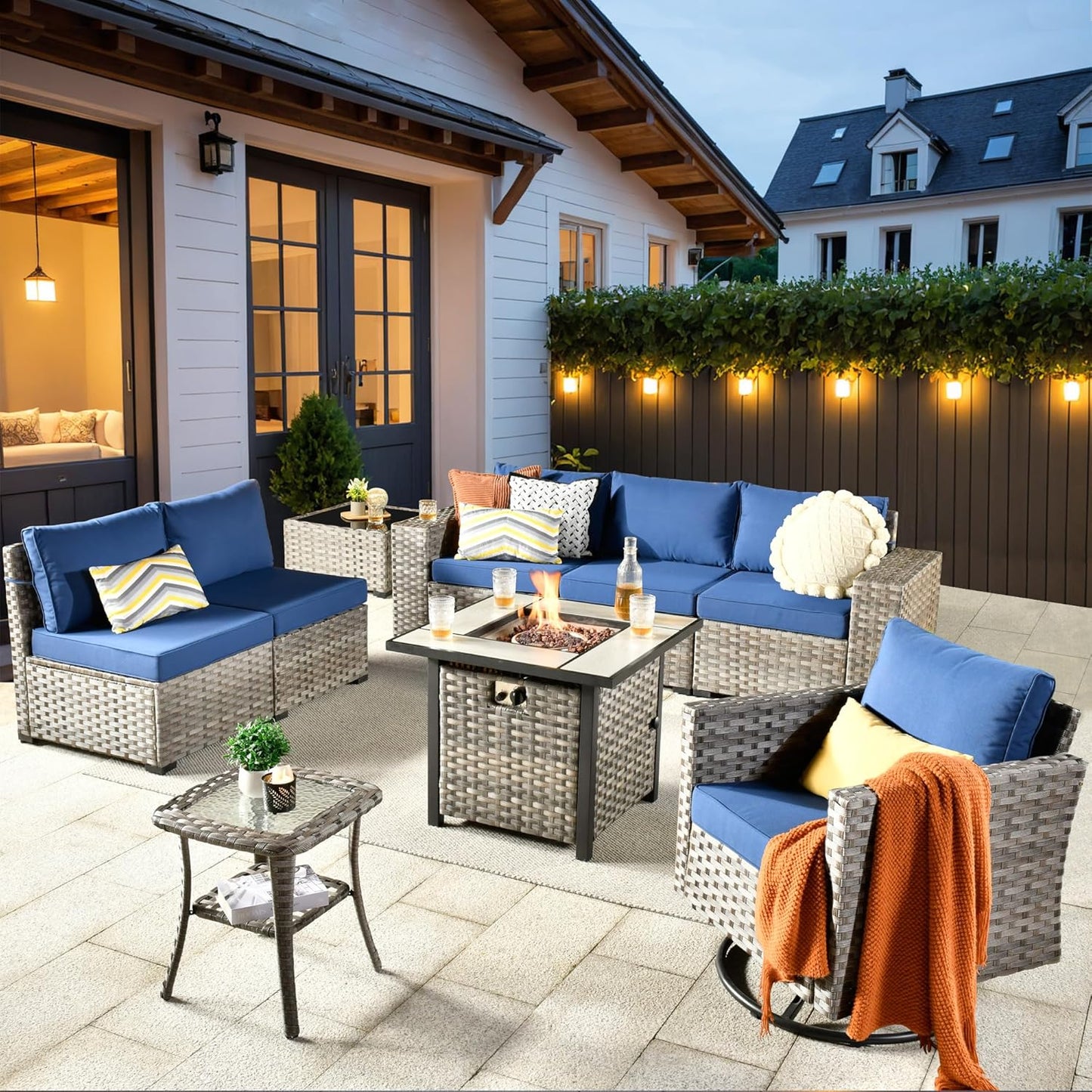 ovios 9 Pieces Patio Furniture Set, Outdoor Wicker Sectional Sofa with 30" Fire Pit Table Swivel Chair, Modern Modular Deep Seat Rattan Couch Conversation Sets, Navy Blue