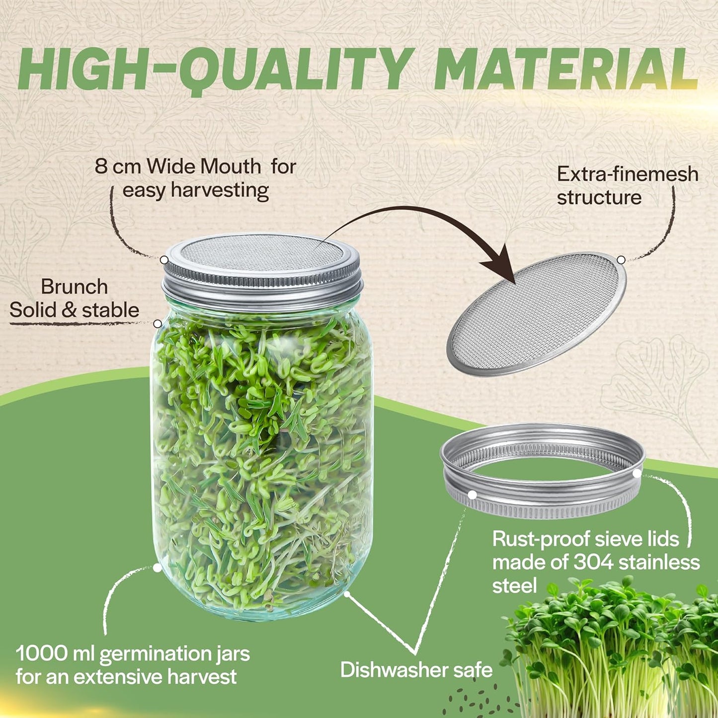 [Premium] Seed Sprouting Jar Kit with Bamboo Holder, 2 PCS Mason Jars, Drain Tray, Screen Lids, Blackout Sleeves, Good Ventilation & Drainage Capacity, Growing Fresh Organic Mung Beans & Microgreens