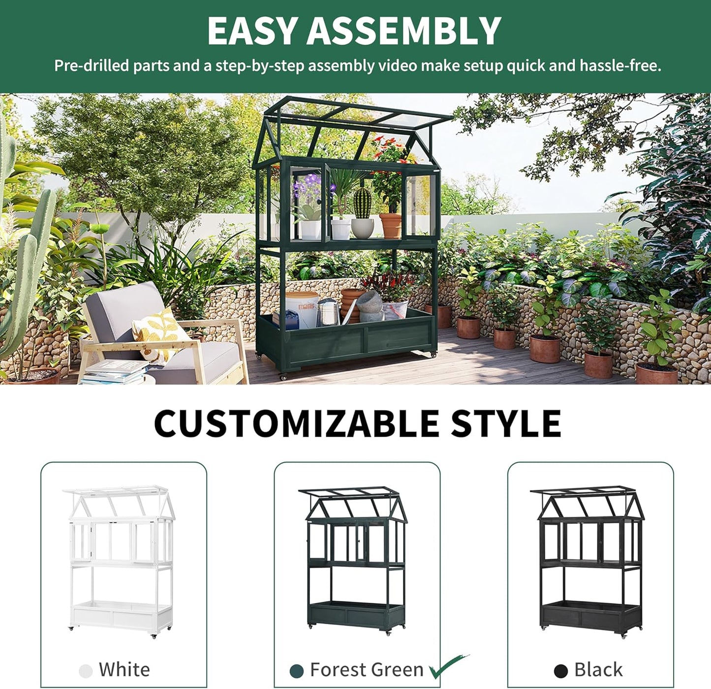 Portable Wooden Cold Frame Greenhouse with Wheels - 47" Mini Greenhouse with Adjustable Roof, Storage Box & Polycarbonate Panels - Plant Protector for Seedlings, Herbs & Winter Gardening (Green)
