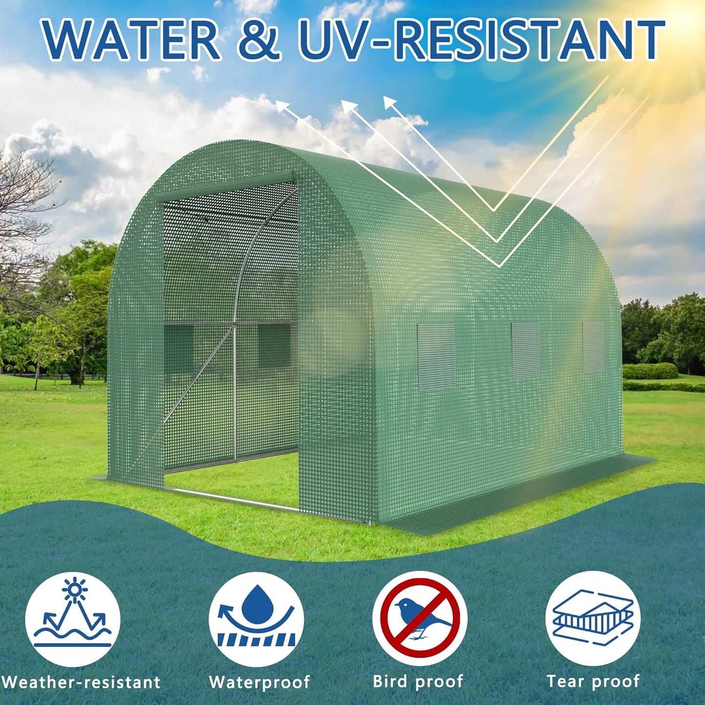 9.8*6.5*6.5FT Heavy Duty Greenhouse for Outdoors, Large Walk-in Green House with High Tunnel PE Cover & Irrigation Garden Sprinkler System for Winter, Green