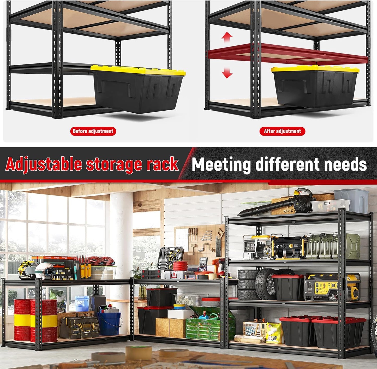 REIBII 40" W Garage Shelving 2000LBS Storage Shelves Adjustable Metal Shelving Heavy Duty 4 Tier Garage Shelves 60" H Metal Shelves for Closet Pantry Kitchen Warehouse 40" W × 20''D × 60''H