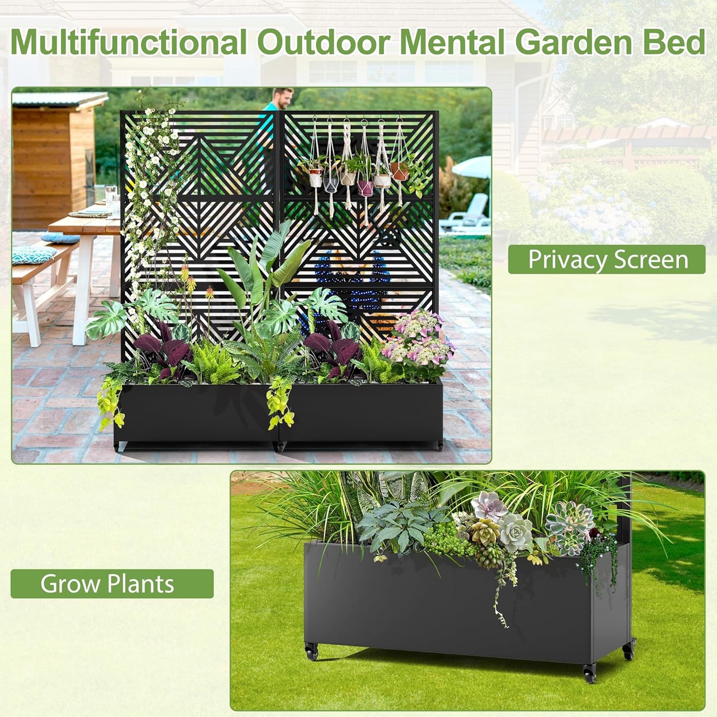Raised Garden Bed with Trellis and Wheels,73"x35"x16" Metal Raised Garden Bed,Black Diamond Metal Planter with Climbing Trellis for Vines & Vegetables