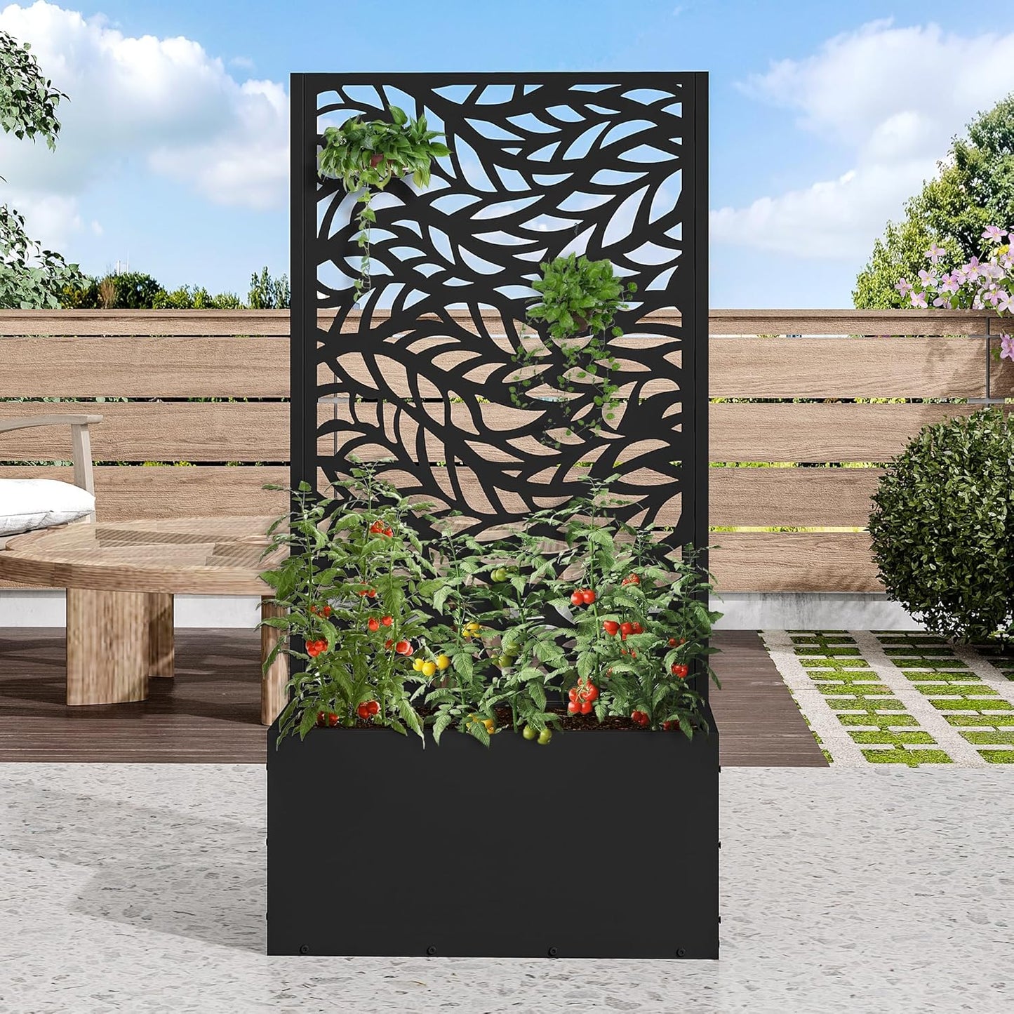Casaphoria Metal Raised Garden Bed with Trellis and Wheels, 47"x24"x12" Planter Box for Climbing Plants, Vegetables & Vines, Features Drainage Holes and Privacy Screen (Black-Spring)