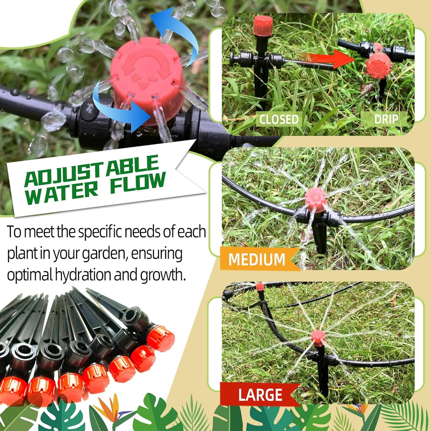 20PCS Push-to-Fit Drip Irrigation Emitters for 1/4 inch Irrigation Tubing, Two-Way Connection Adjustable Drip Emitter Sprayer with Stake, Irrigation Dripper Sprinklers for Drip Irrigation System