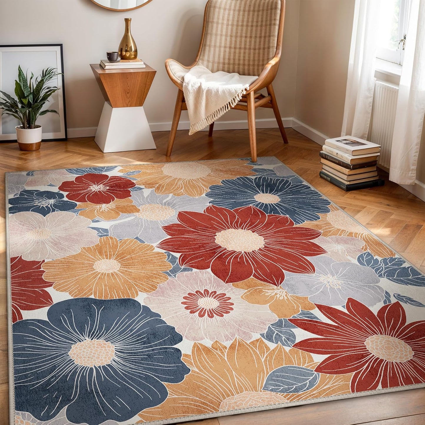 GENIMO Indoor Outdoor Area Rug 6' X 9' Waterproof, Washable Patio Rug Non Shedding, Easy Cleaning Floral Outdoor Carpet for Living Room, Bedroom, Dining Room, Balcony, Backyard, Deck, RV, Red Blue